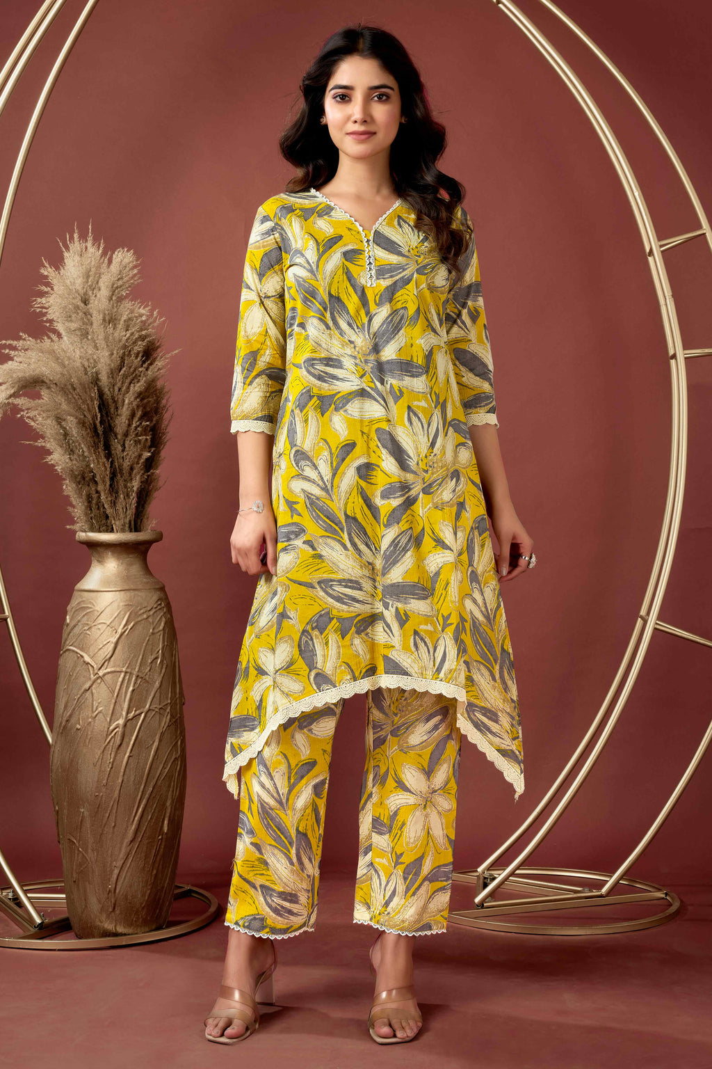 Mustard Printed Silk Blend Co-Ord Sets main image 1