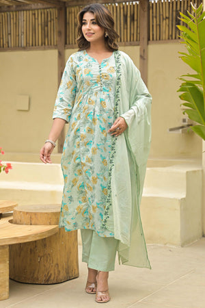 Green Floral Printed Pure Cotton Salwar Suit With Handwork