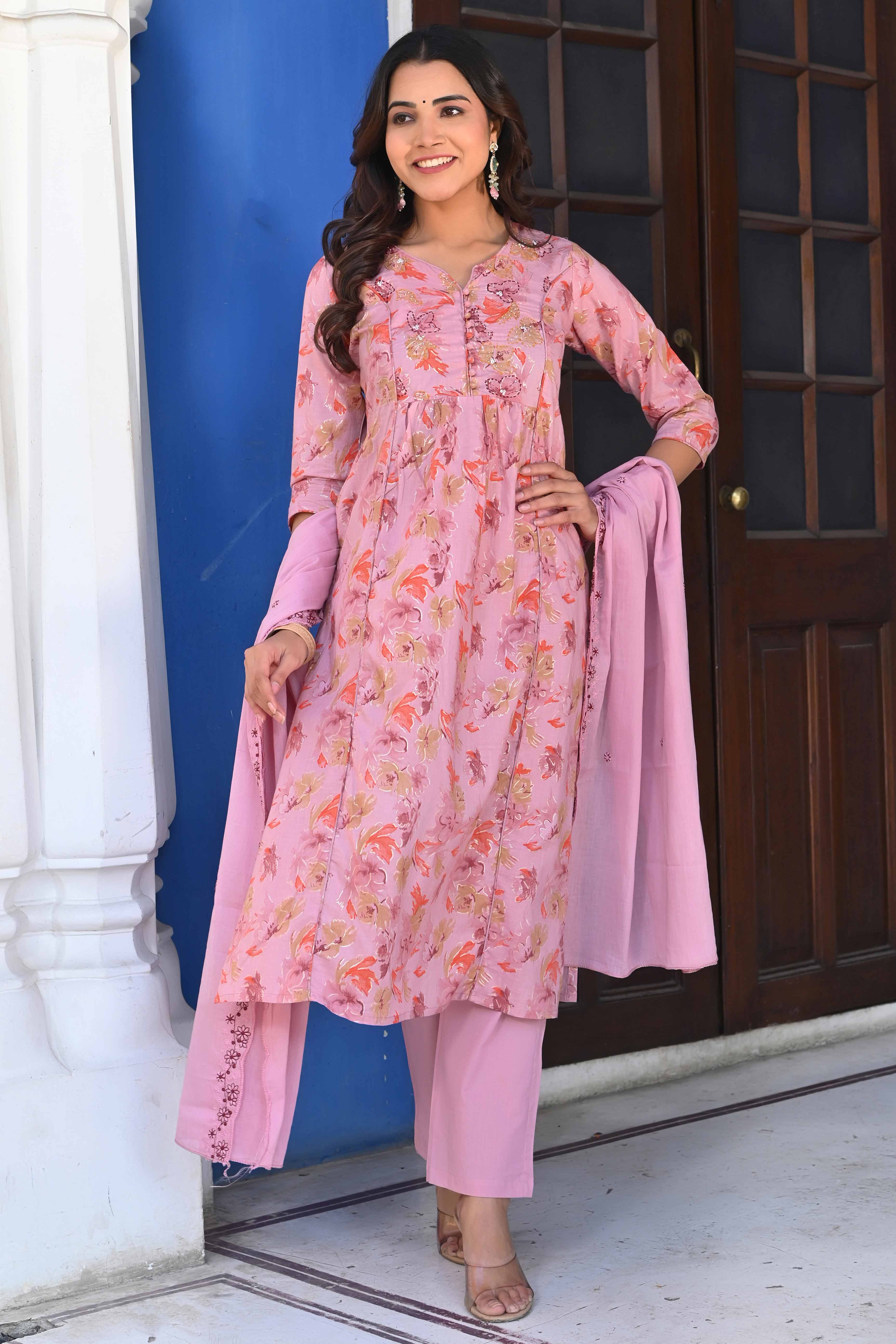 Peach Floral Printed Pure Cotton Salwar Suit With Handwork