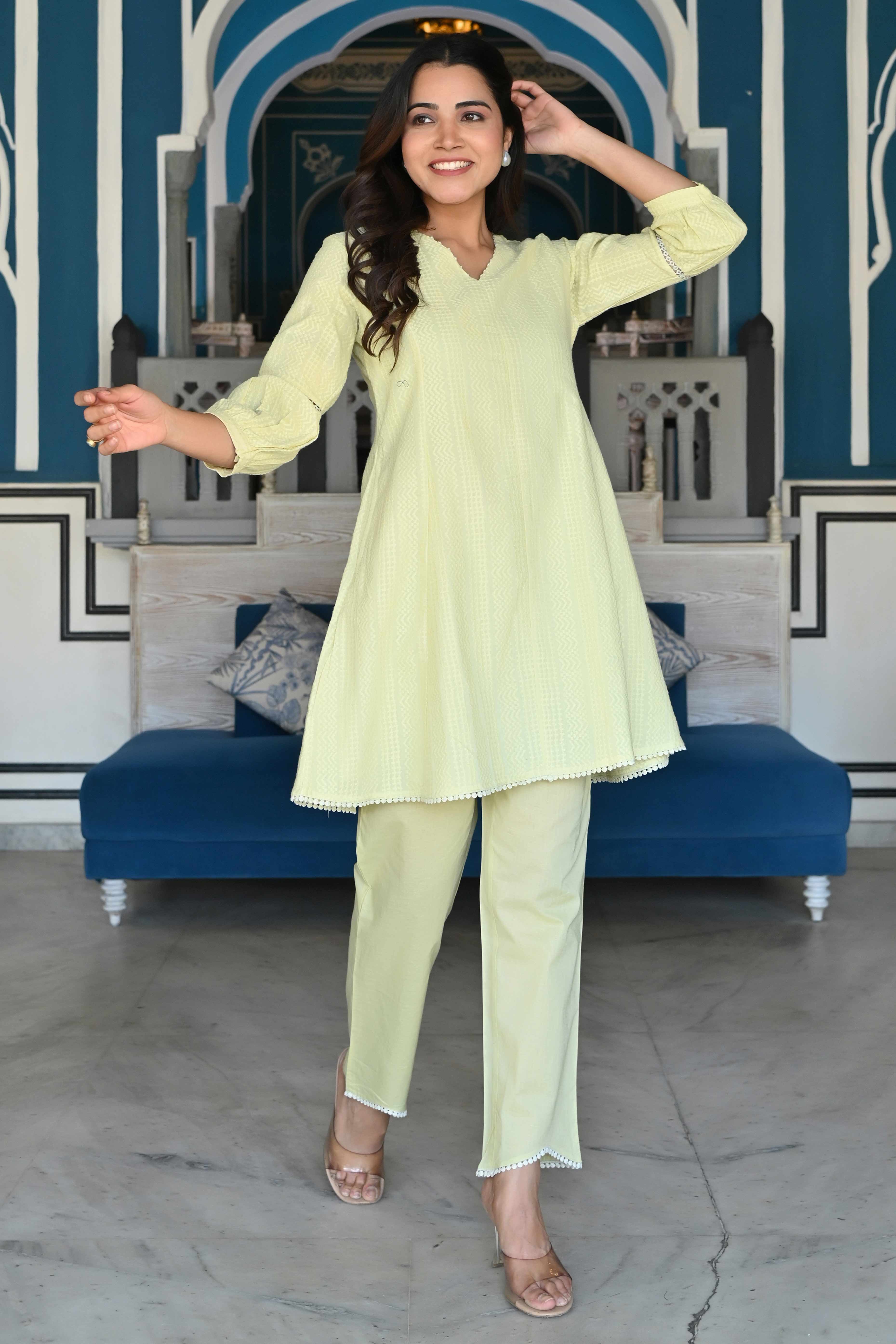 Lemon Yellow Dobby Work Pure Cotton Co-Ord Set