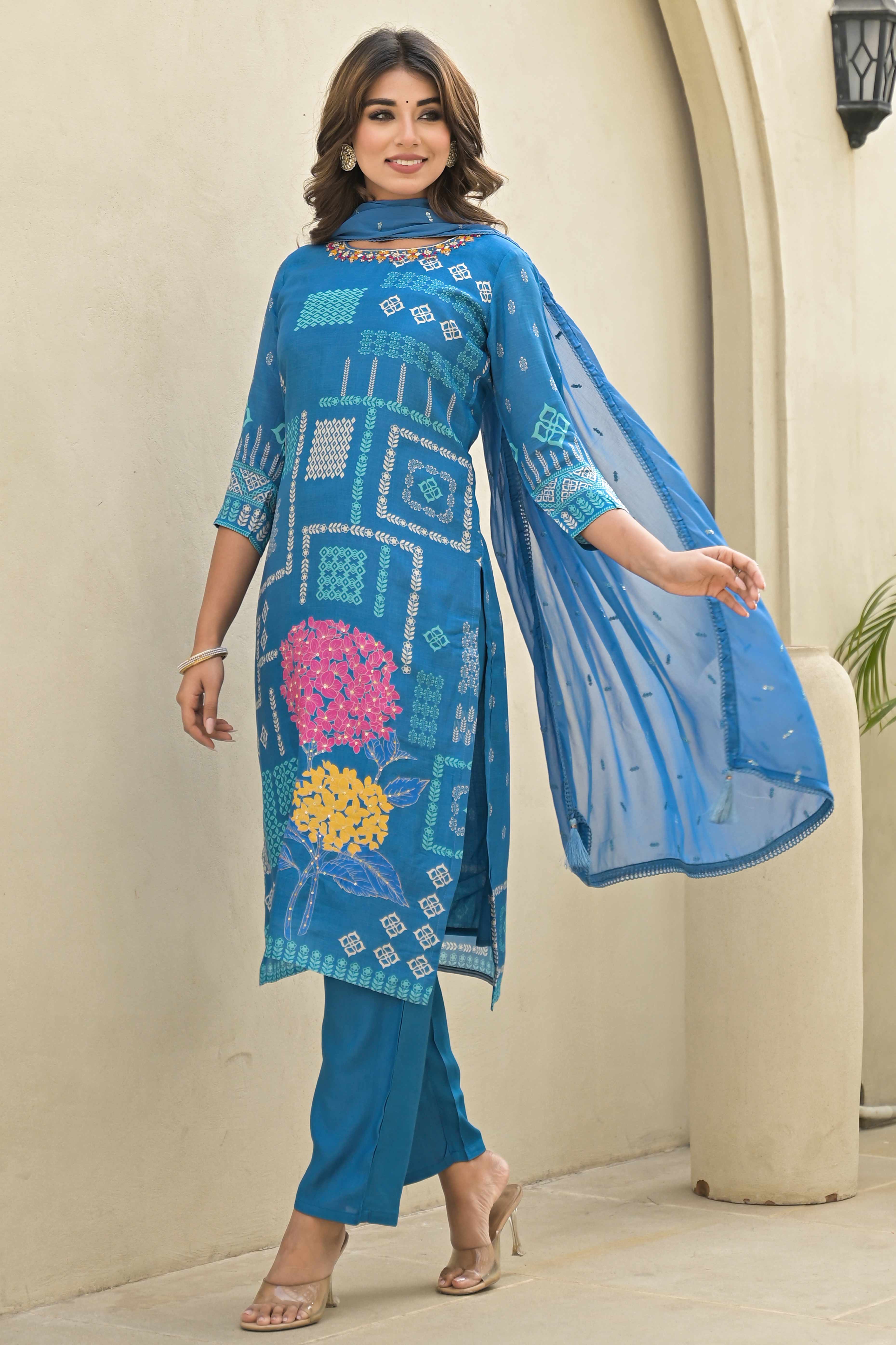 Blue Floral Printed Muslin Straight Salwar Suit