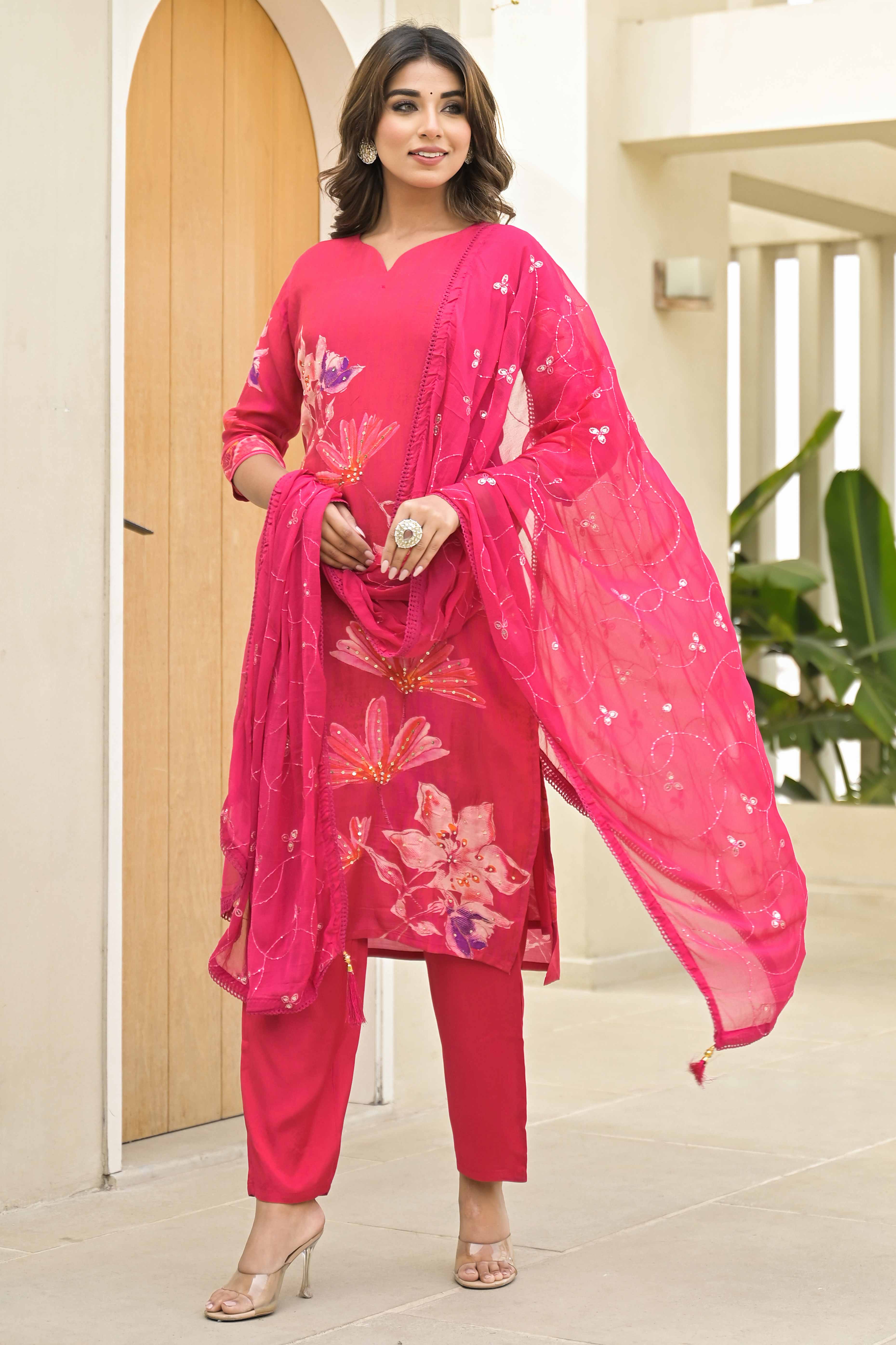 Pink Floral Printed Muslin Salwar Suit With Handwork