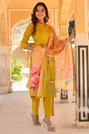 Mustard Floral Embroidered Viscose Straight Salwar Suit