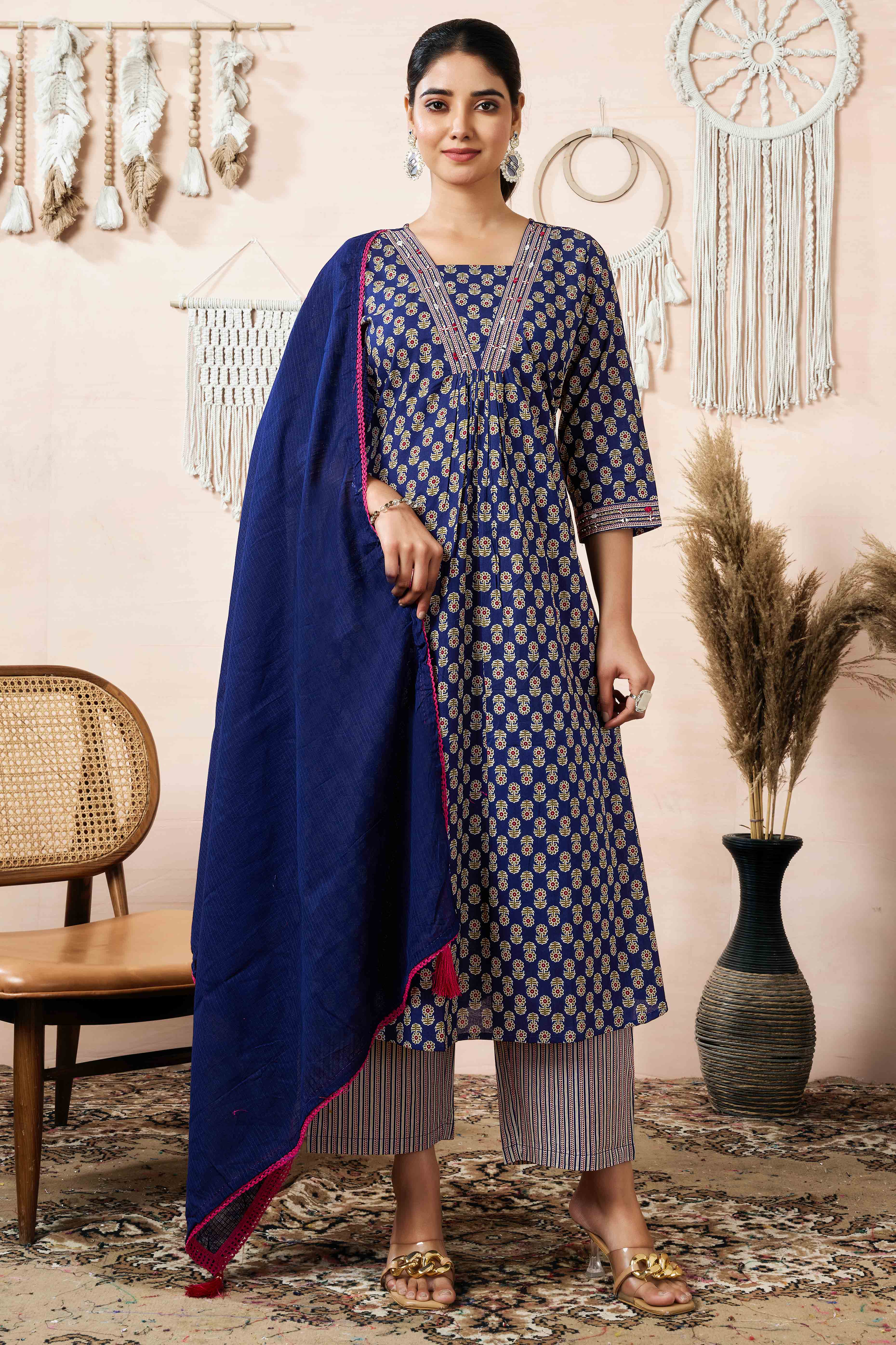 Navy Blue Floral Printed Pure Cotton A-Line Salwar Suit