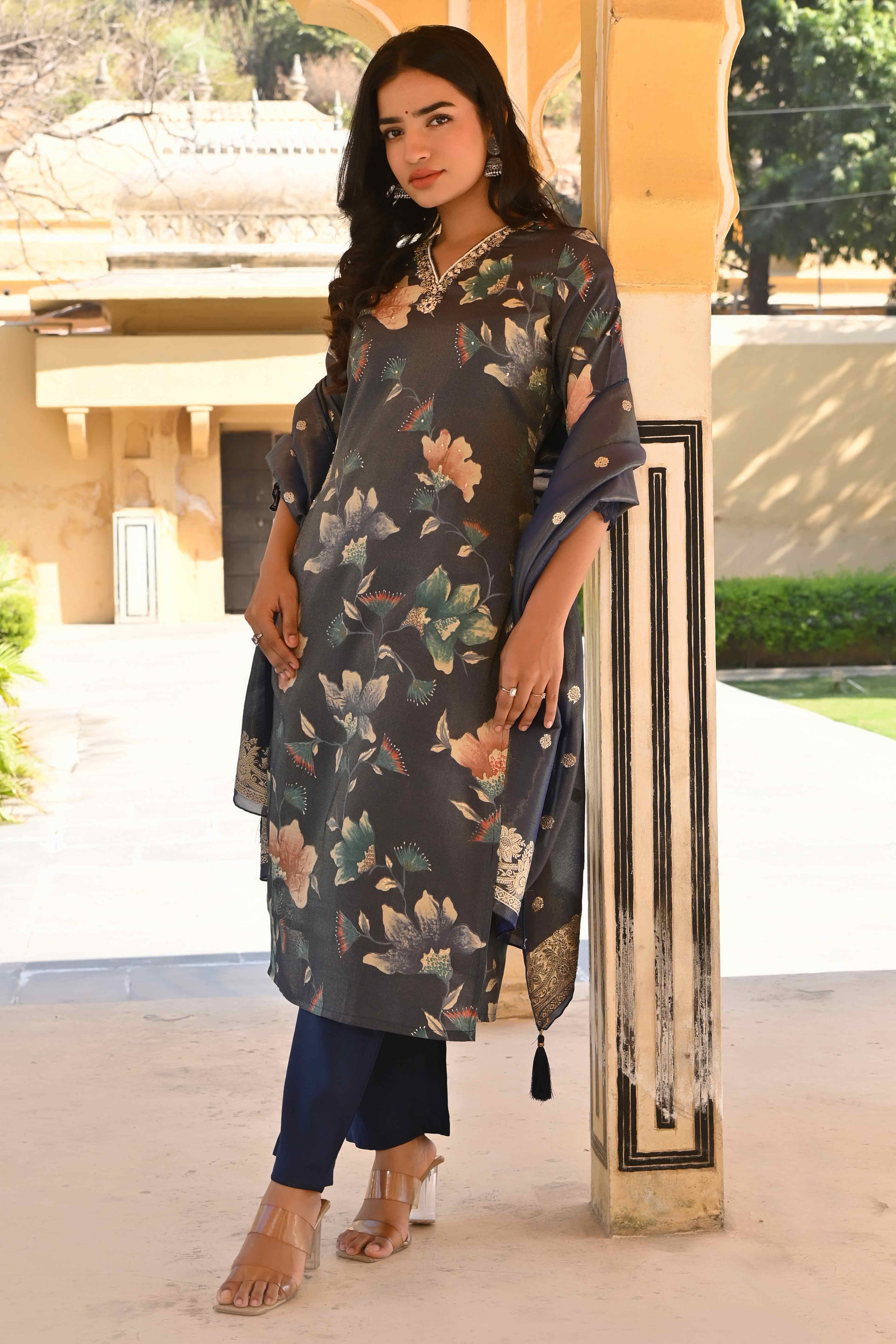 Blue Floral Foil Pinted With Handwork Viscose Salwar Suit