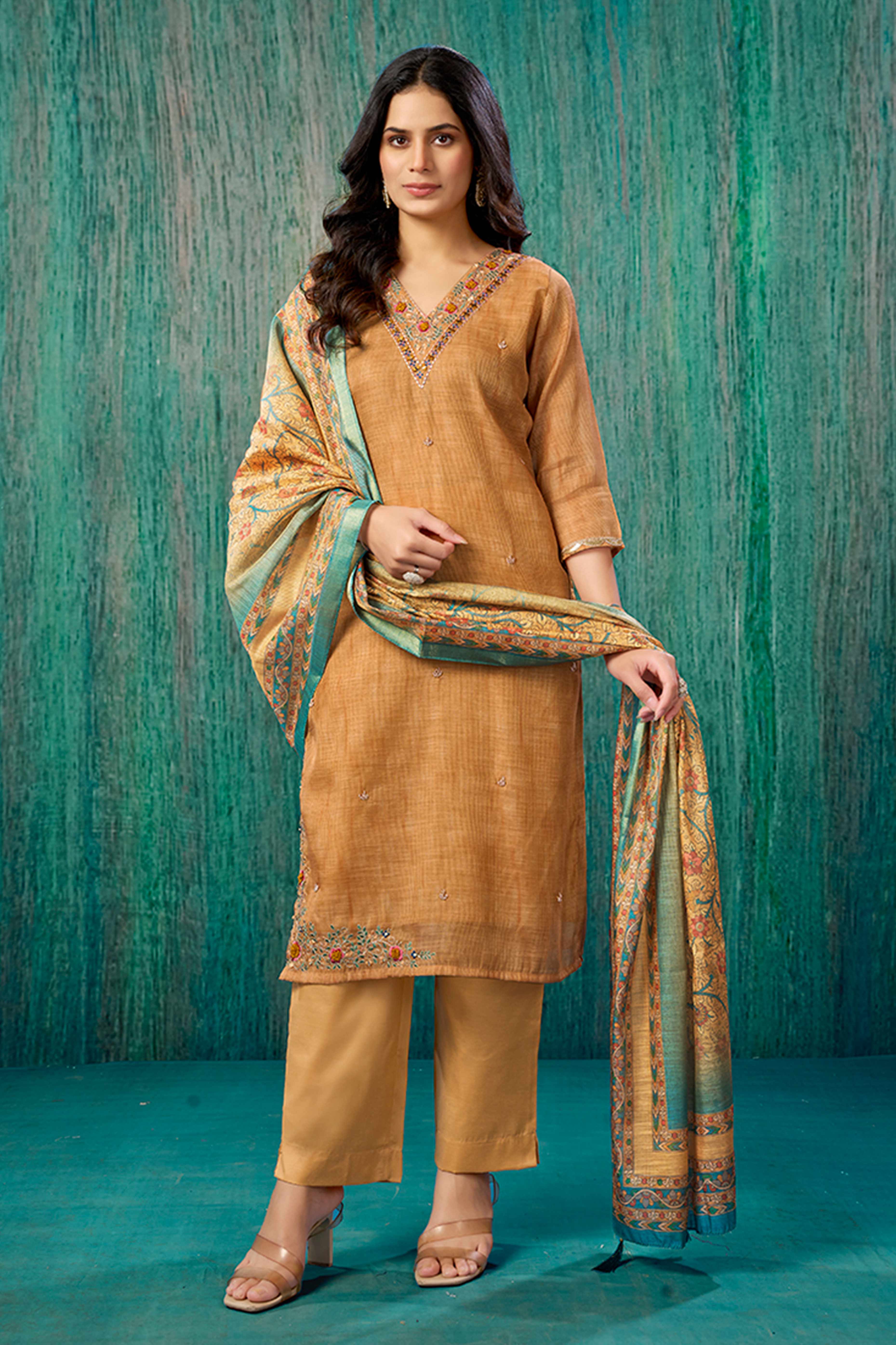 Orange Thread Work Embroidered Linen Straight Salwar Suit