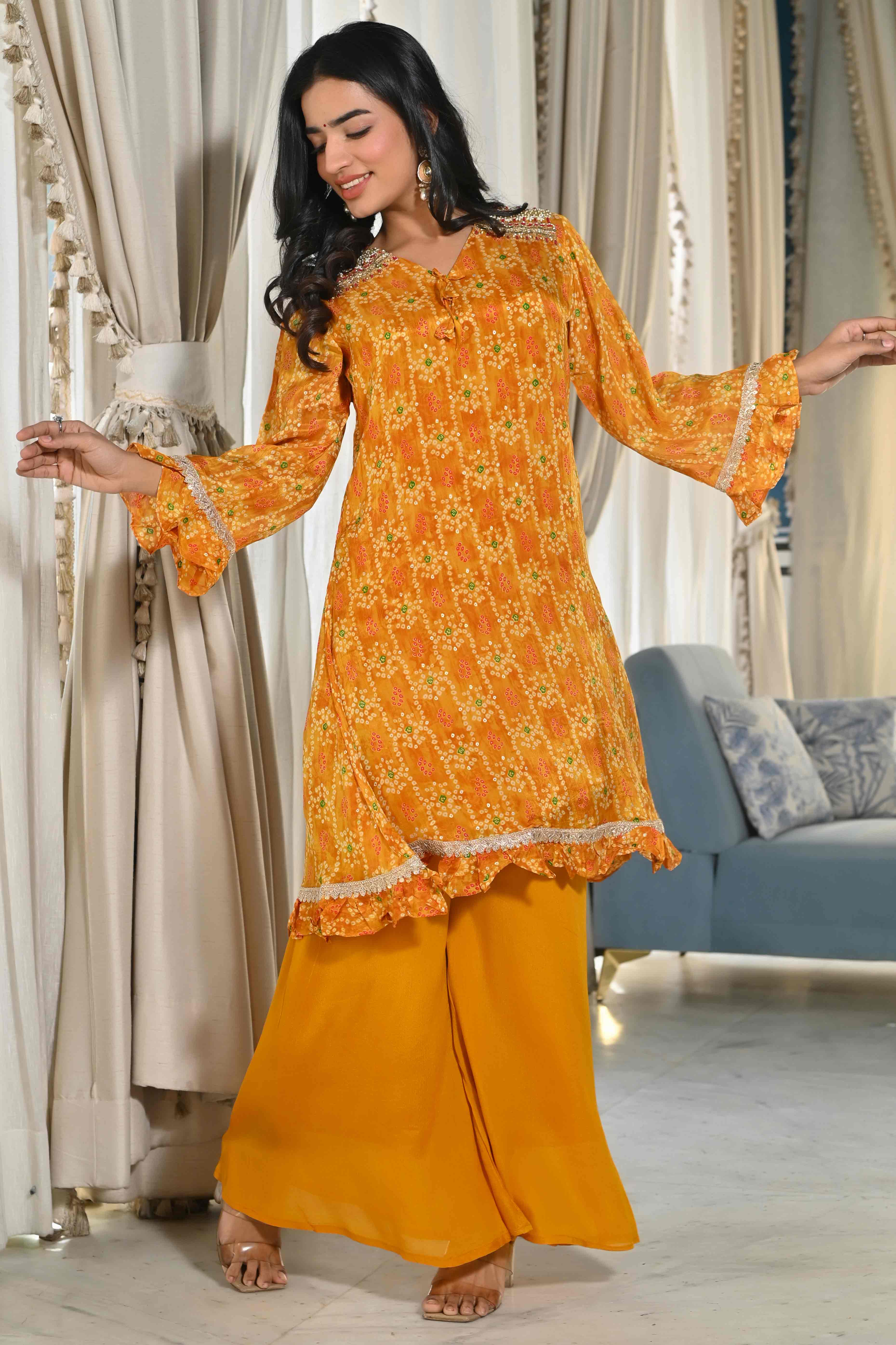 Mustard Bandhani Printed Chinon Co-Ord Set