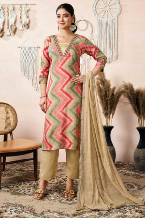 Dark Peach Embroidery With Printed Muslin straight Salwar Suit
