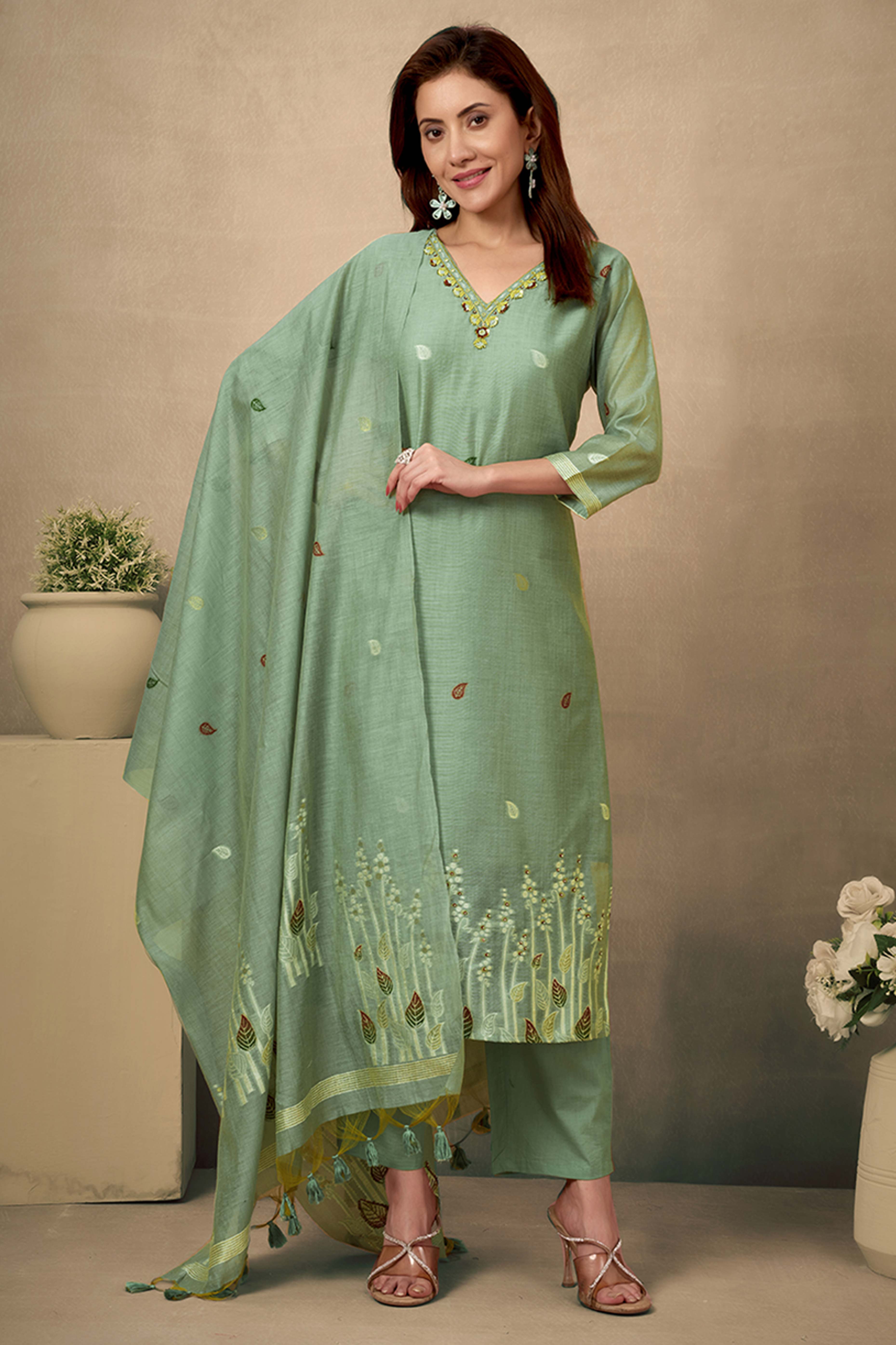 Light Green Hand-Embroidered Chanderi Jamdani Suit with Luxe Details