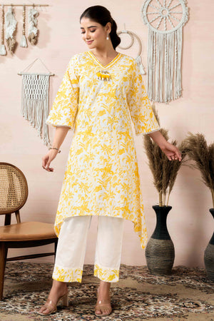 White & Mustard Floral Printed Pure Cotton A-Line Top Bottom Set