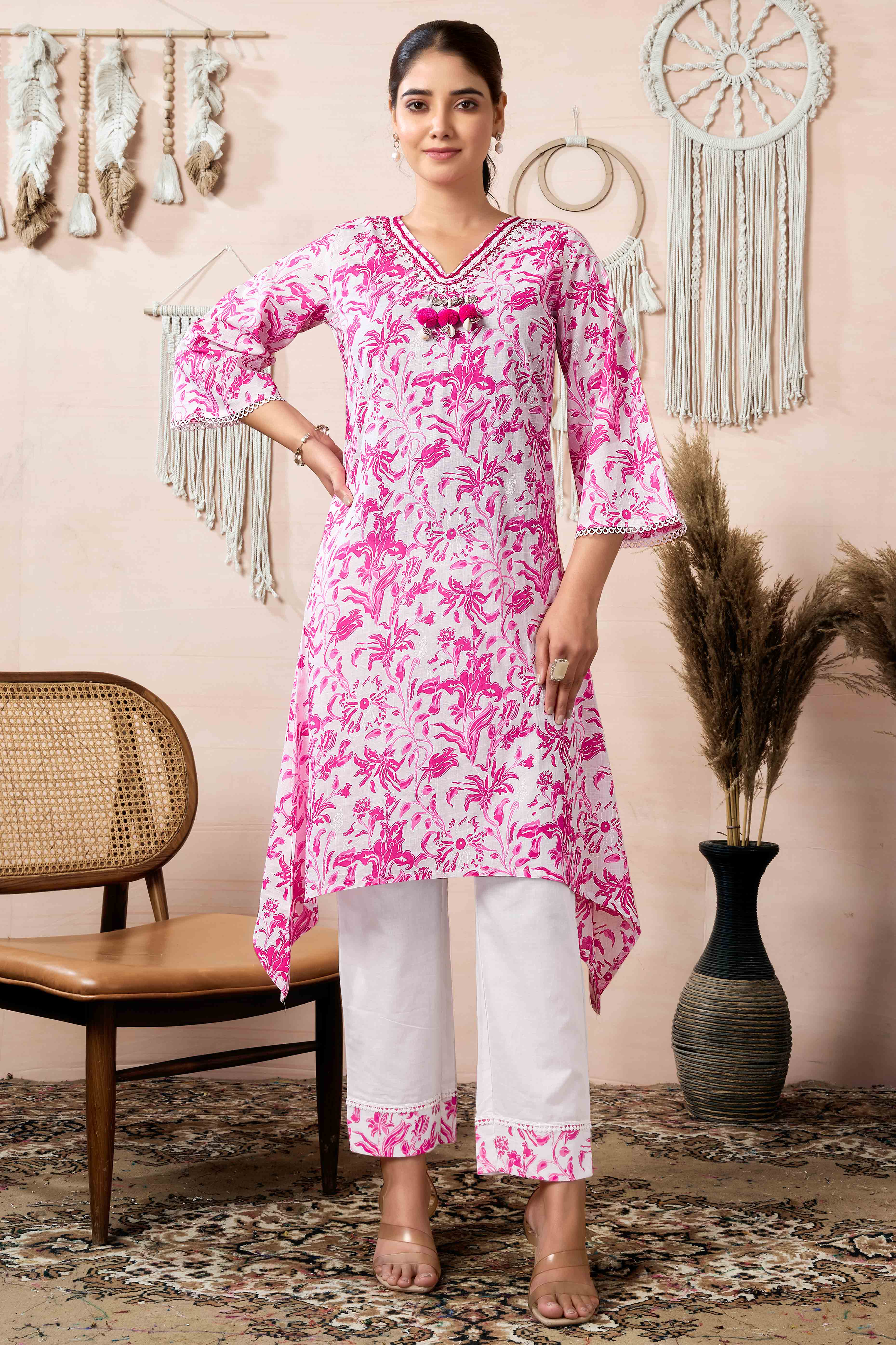 White & Pink Floral Printed Pure Cotton A-Line Top Bottom Set