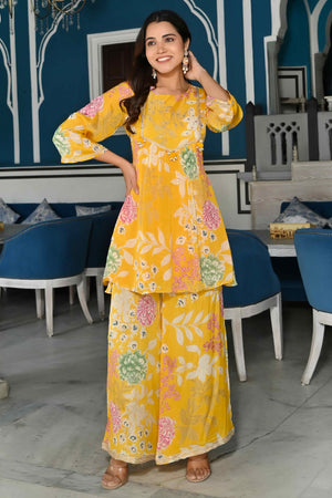 Yellow Floral Printed Chinon Co-Ord Set With Shell Beads Work