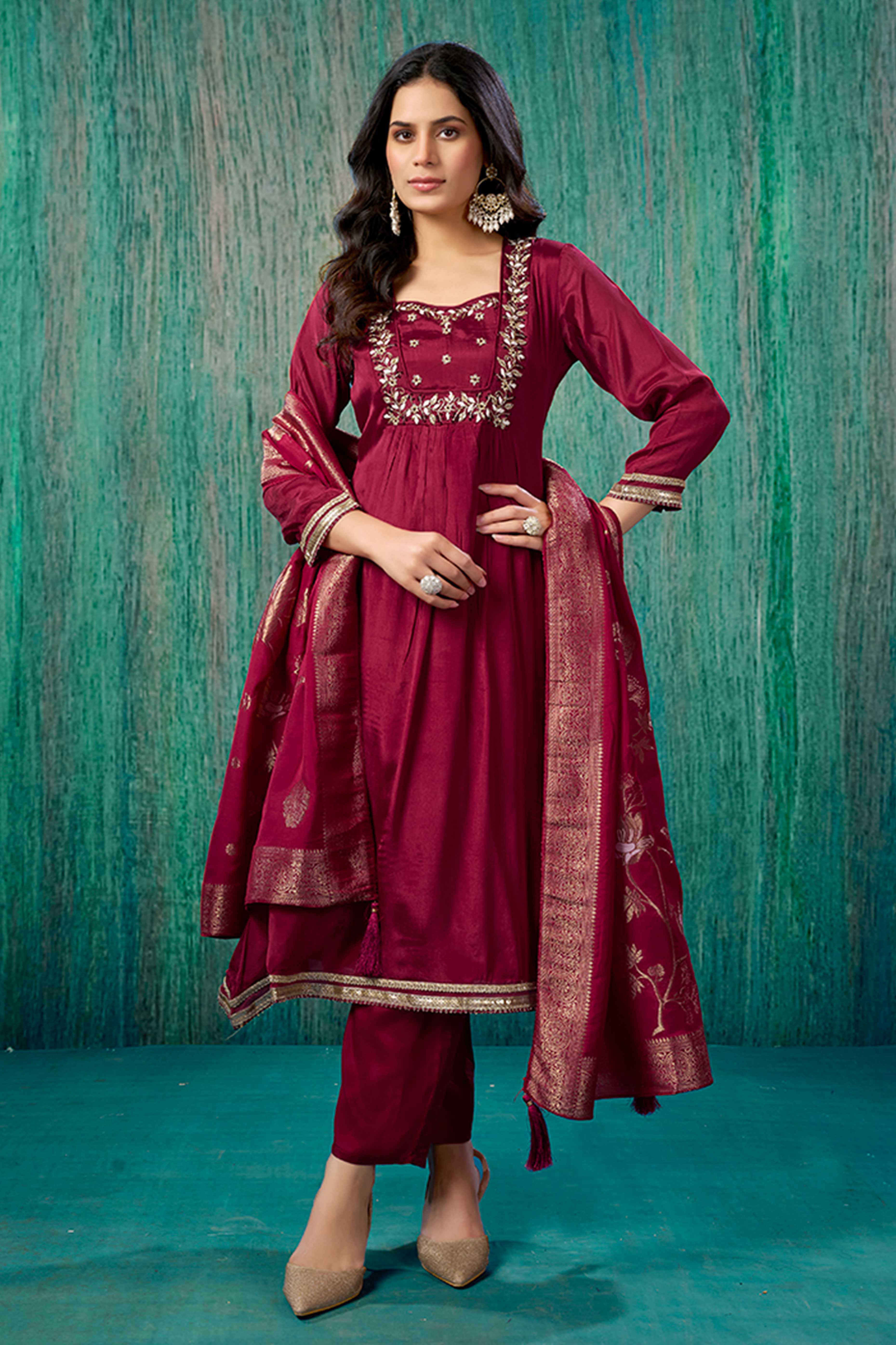 Maroon Floral Zardosi Embroidered Chinon Anarkali Salwar Suit