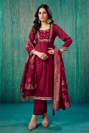 Maroon Floral Zardosi Embroidered Chinon Anarkali Salwar Suit
