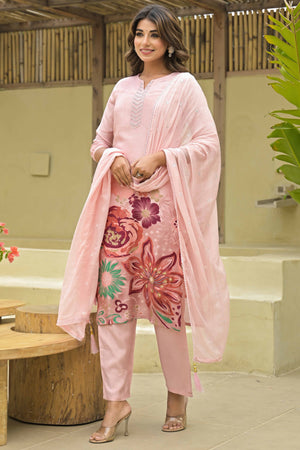Blush Peach Floral Printed Muslin Straight Salwar Suit With Handwork