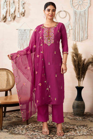 Burgundy Floral Embroidered Chanderi Silk Straight Salwar Suit