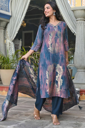 Blue Foil Printed Muslin Straight Salwar Suit