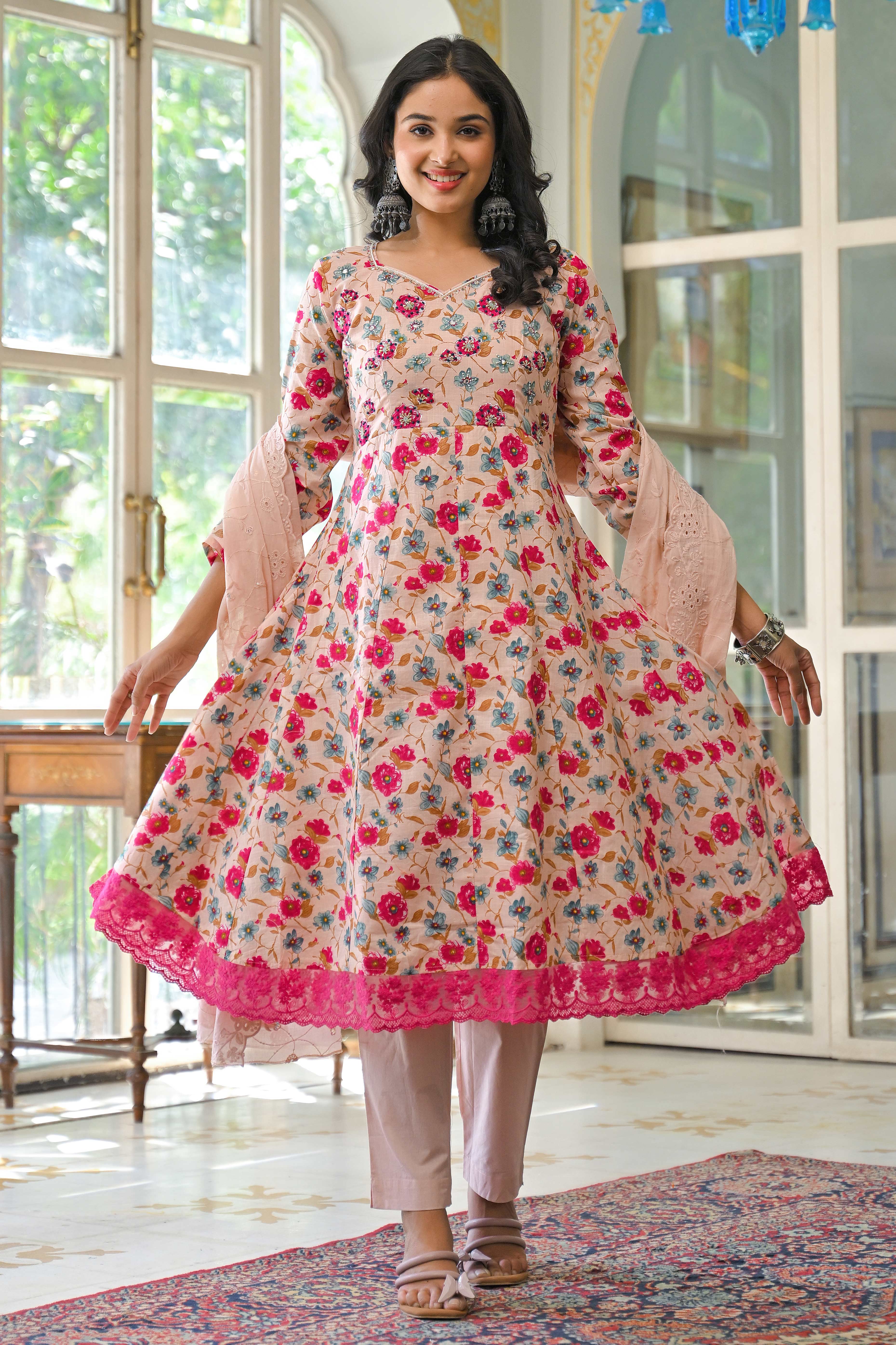 Light Pink Floral Printed Beads Work Pure Cotton Anarkali Salwar Suit