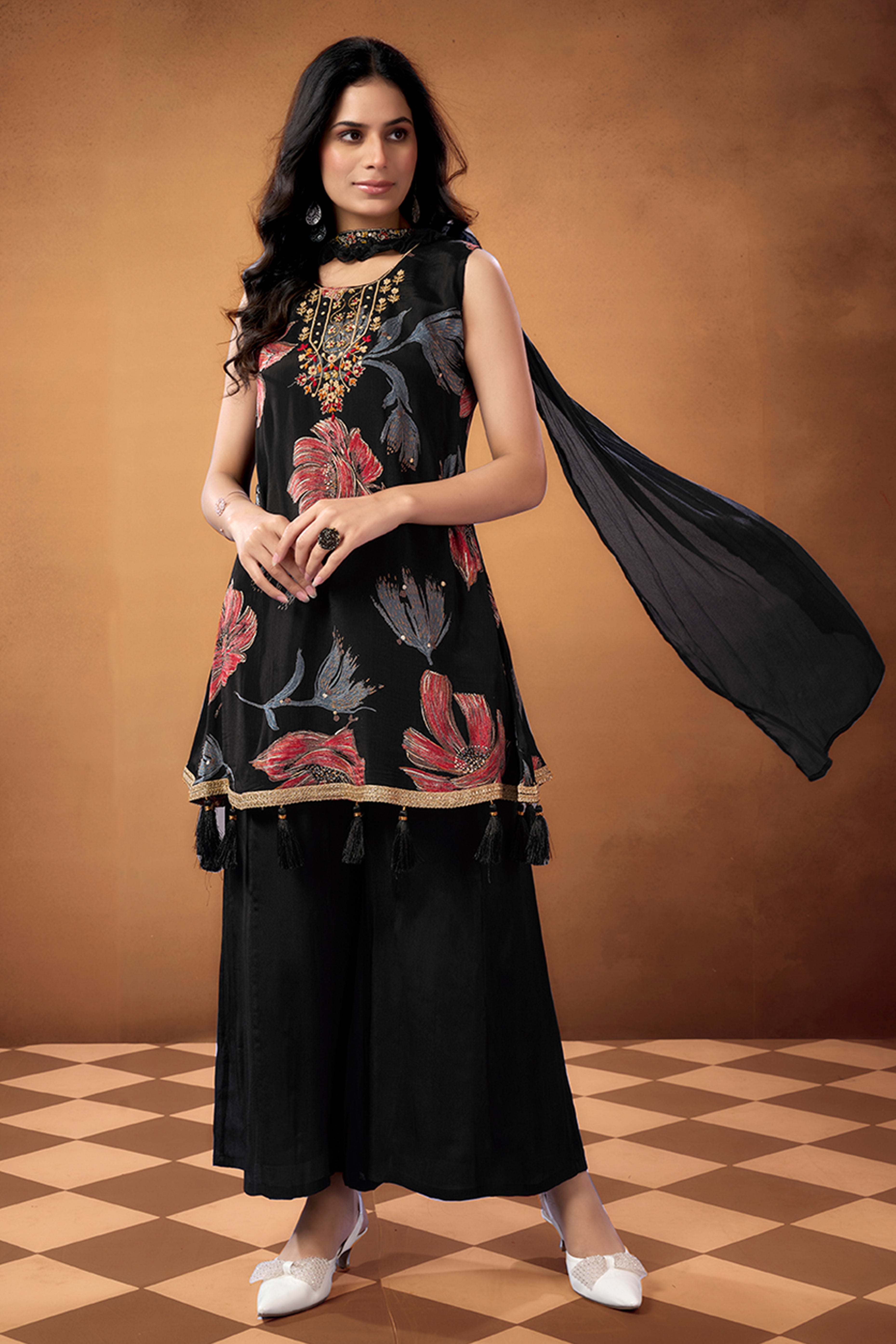 Black Floral Printed Beads Work Pure Chinon A-Line Salwar Suit