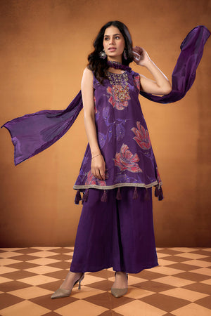 Dark Purple Floral Printed Beads Work Pure Chinon A-Line Salwar Suit