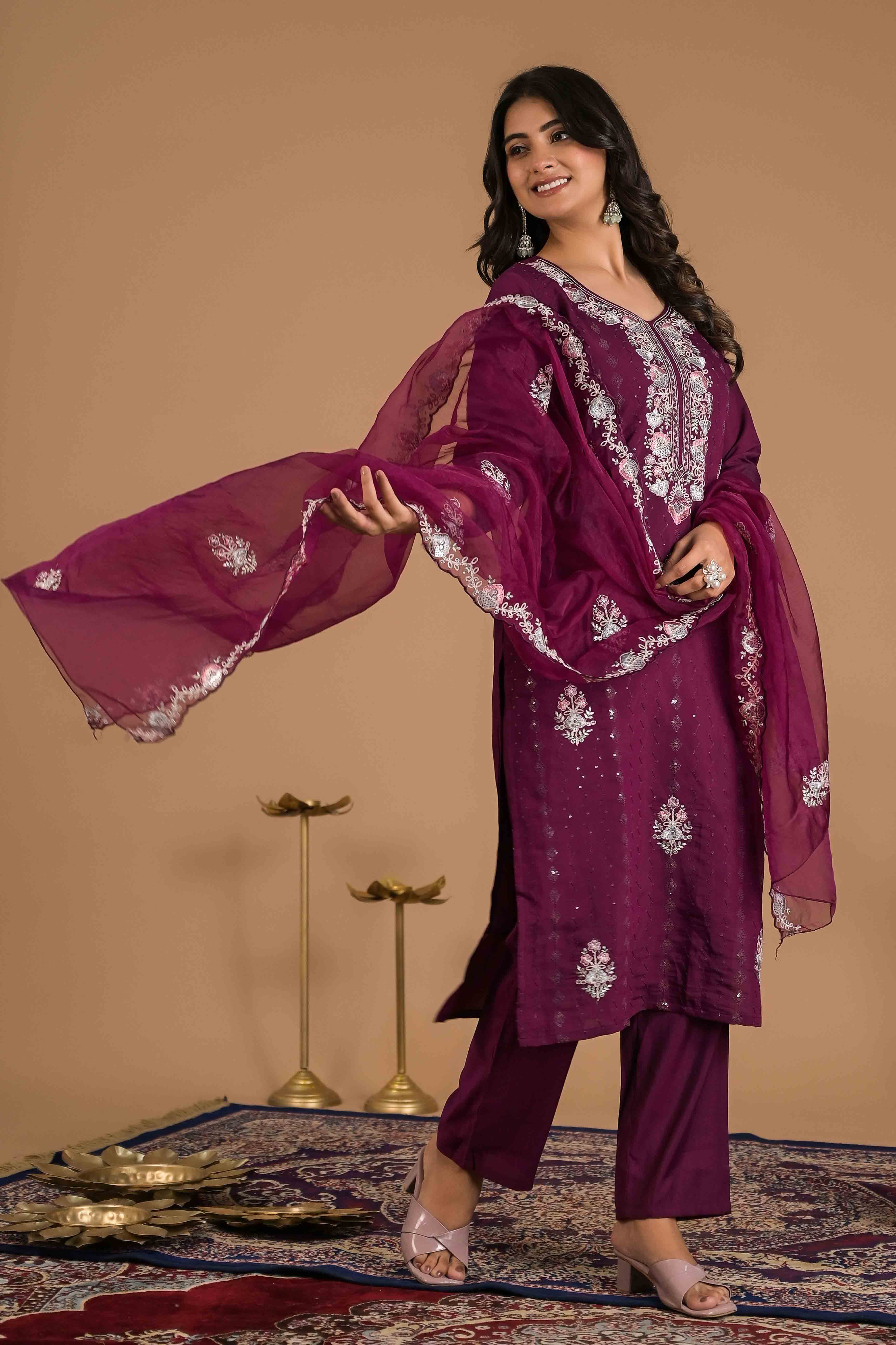 Imperial Purple Floral Embroidered Sequins Work Cotton Silk Straight Salwar Suit