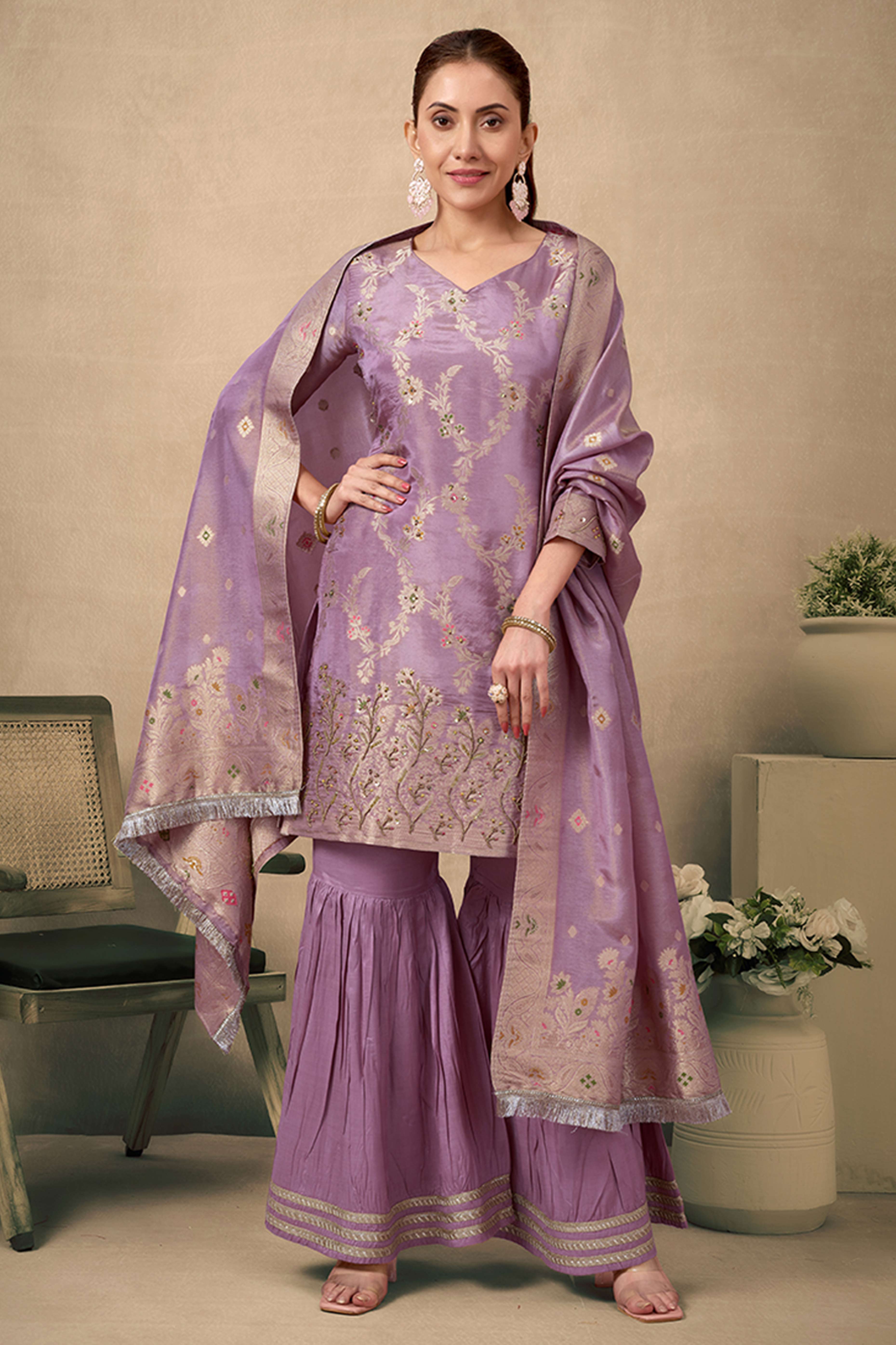 Mauve Floral Zari Woven Jacquard Sharara Suit With Exquisite Handwork
