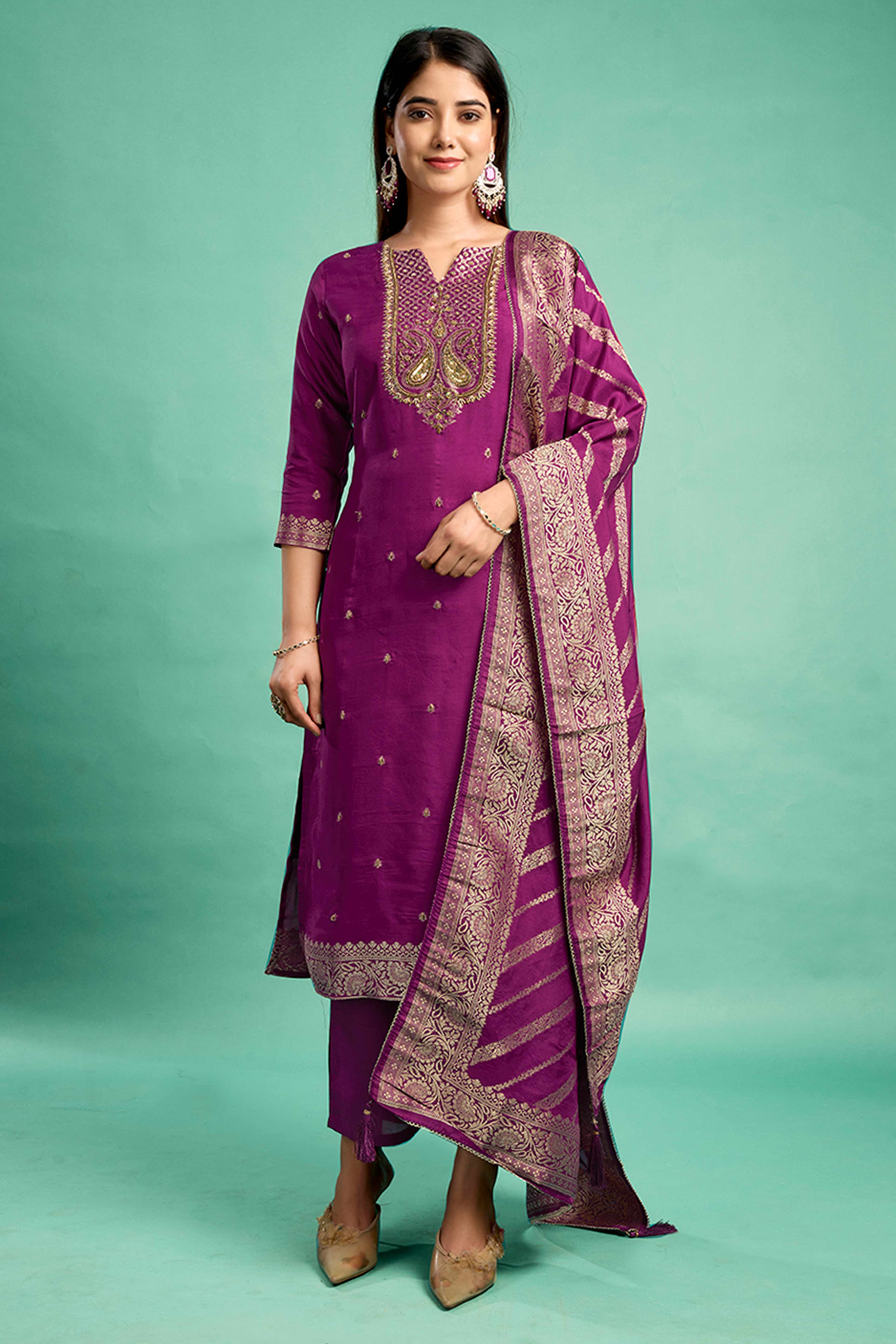 Purple Handwork Embroidered Pure Dola Silk Straight Salwar Suit