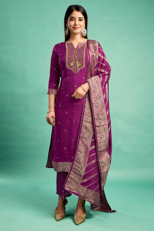 Purple Handwork Embroidered Pure Dola Silk Straight Salwar Suit