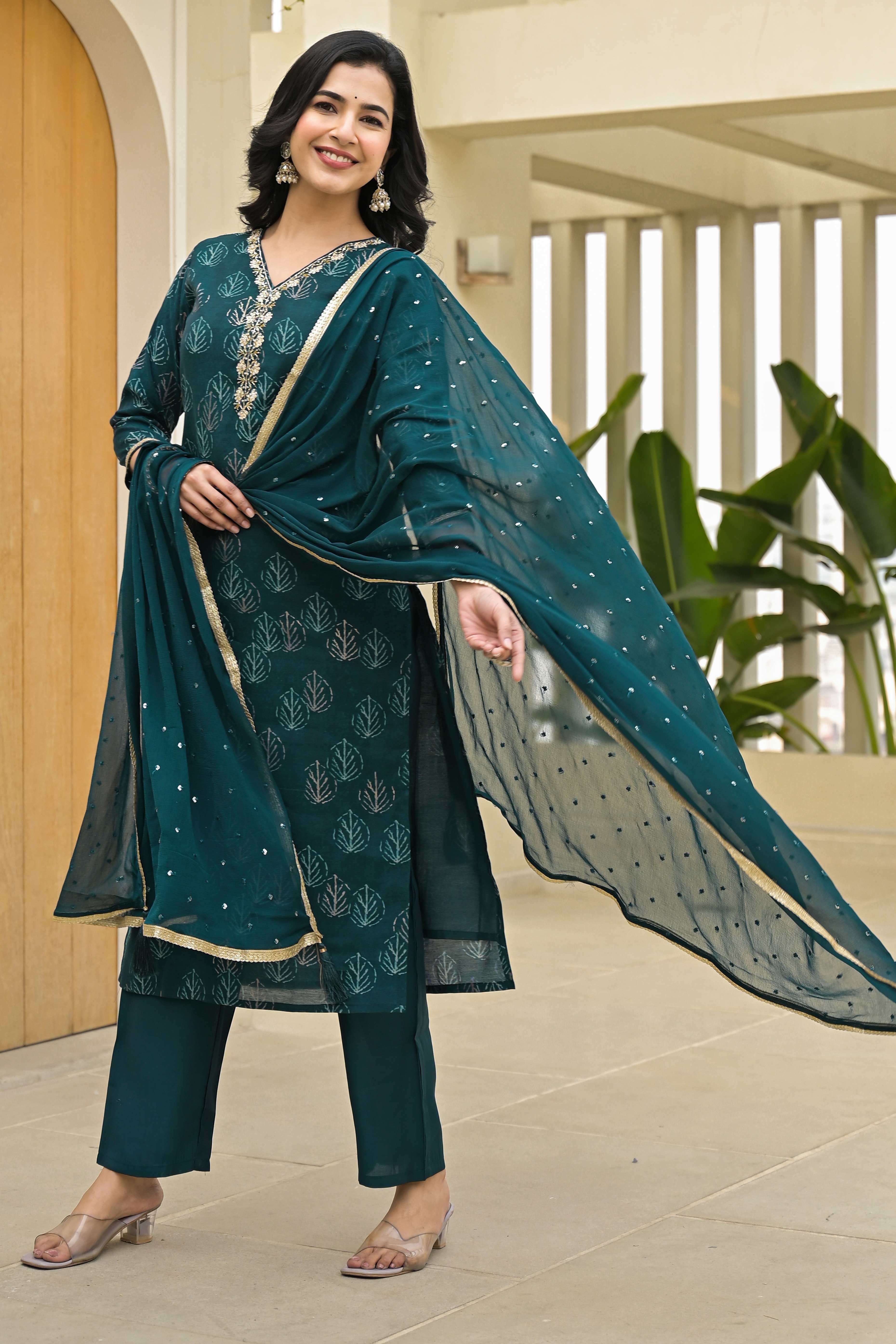 Teal Foil Printed Chanderi Straight Salwar Suit