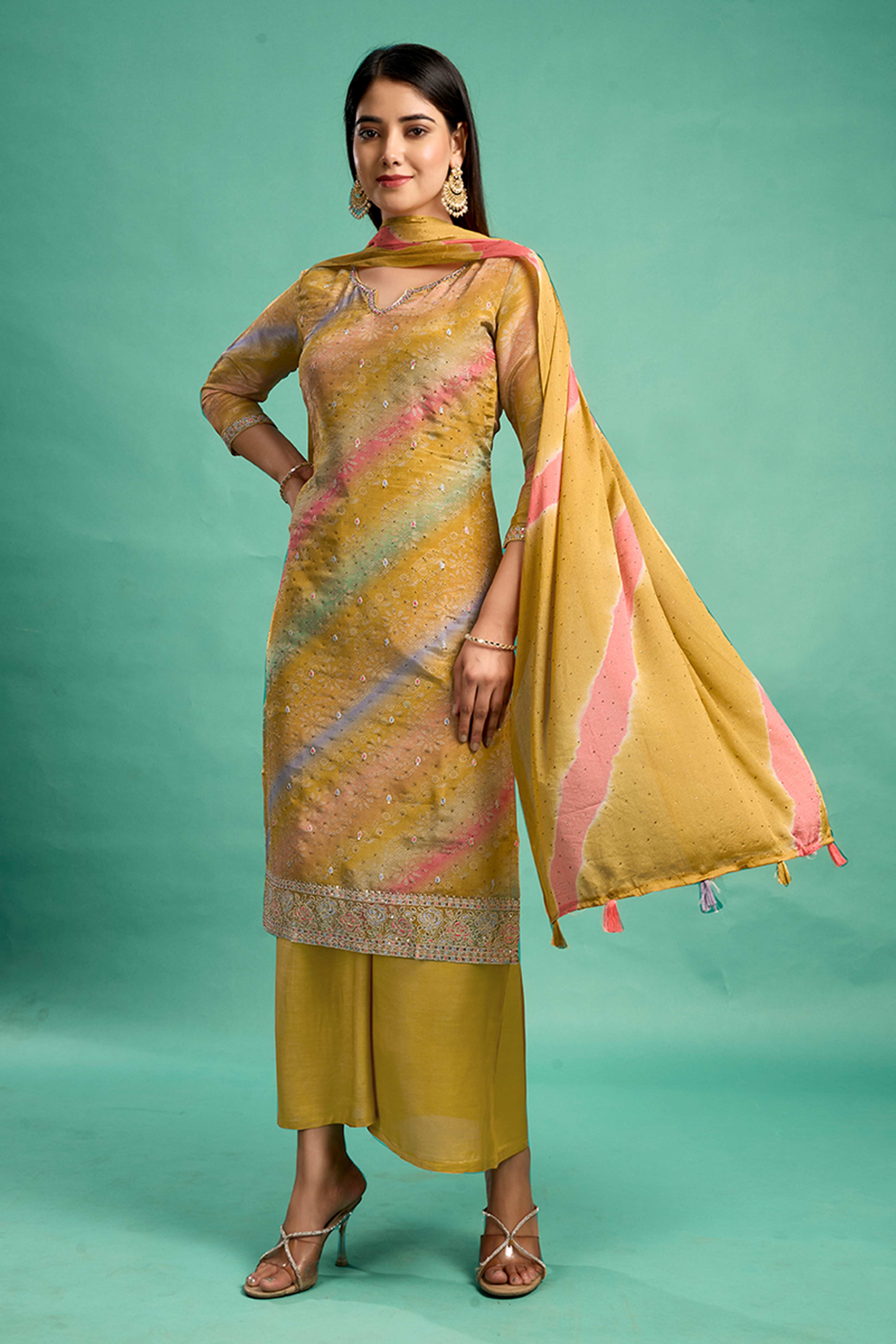 Mustard Pure Shimmer Straight Suit with Stone Embroidery
