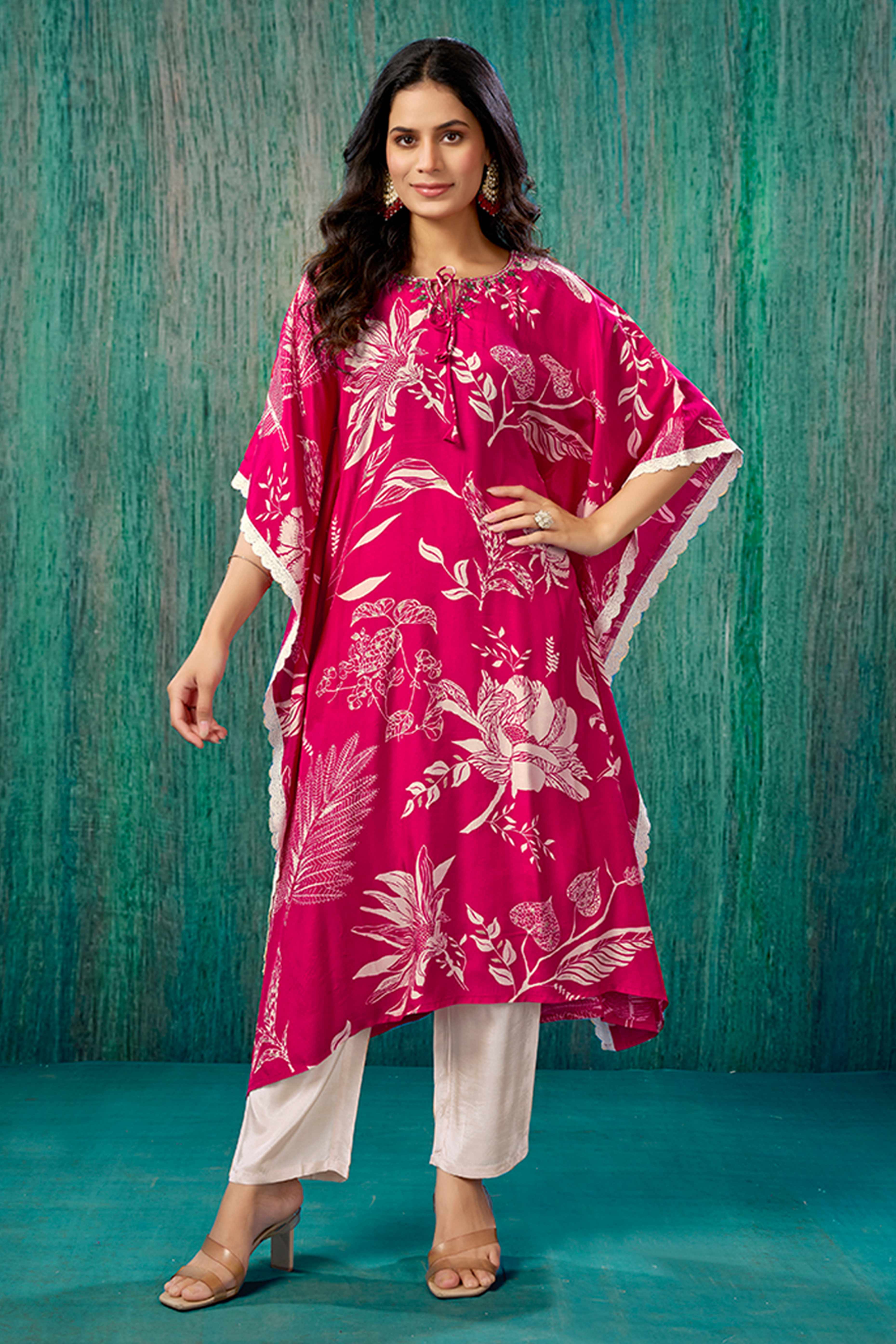 Pink Floral Printed Muslin Kaftan Top Bottom Set
