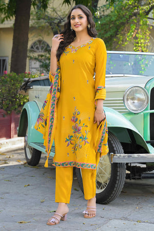 Mustard Floral Printed Thread Work Chanderi Silk Straight Salwar Suit