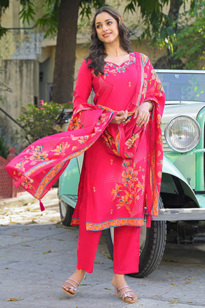 Pink Floral Printed Thread Work Chanderi Silk Straight Salwar Suit
