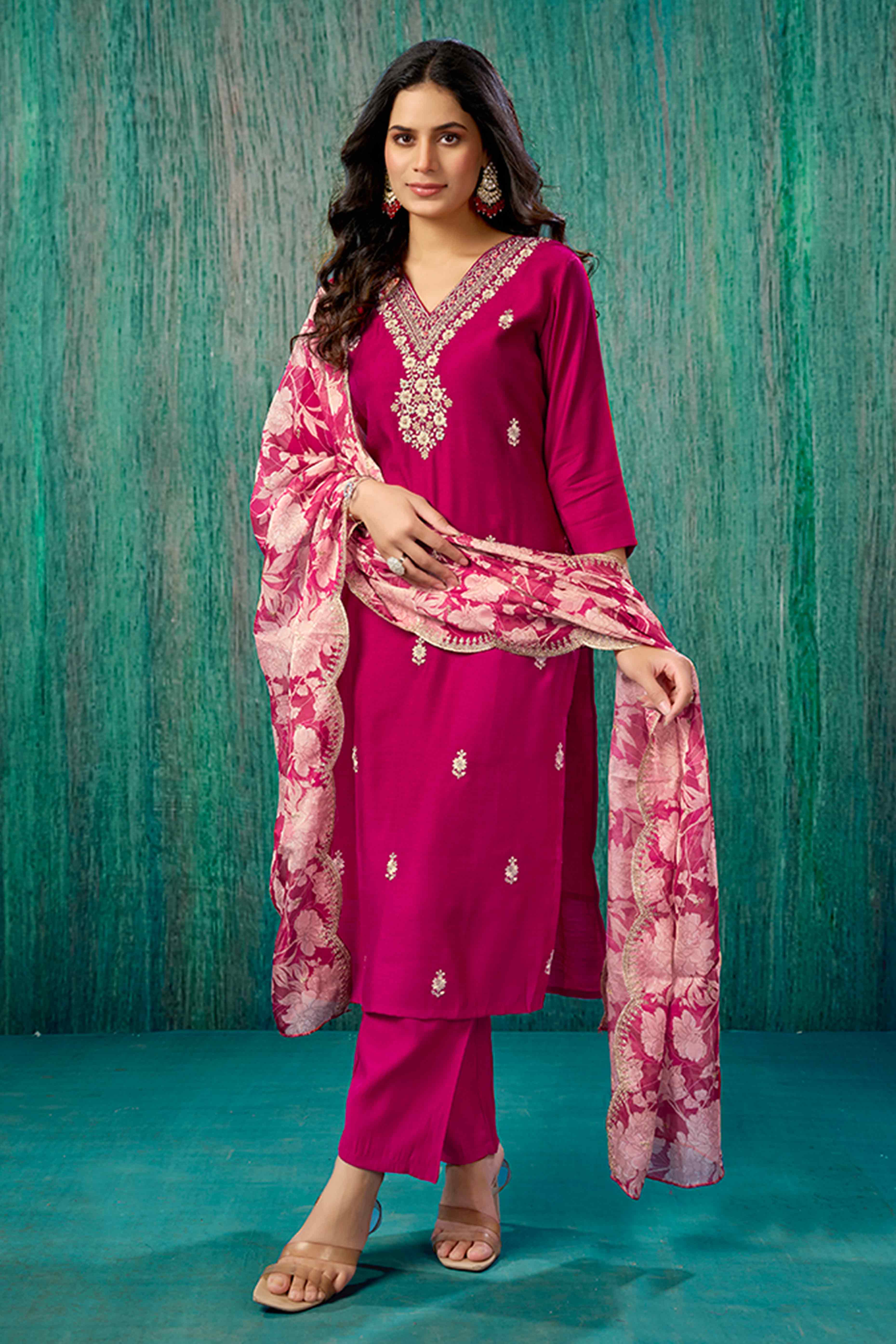 Rani Pink Beads Work Embroidered Chanderi Straight Salwar Suit