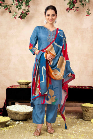 Blue Floral Hand Embroidery With Printed Muslin Straight Salwar Suit