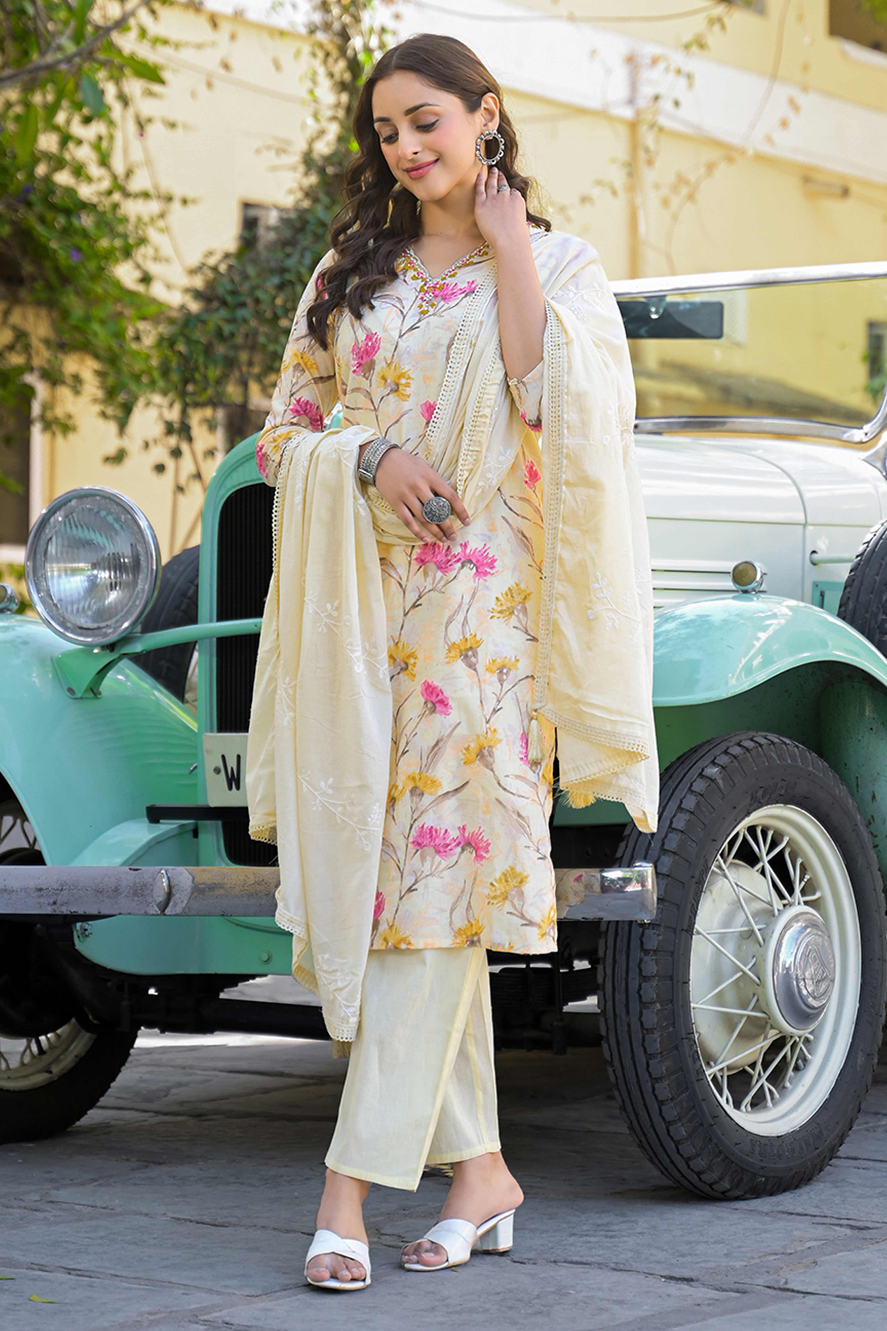 Light Yellow Floral Printed Thread Work Pure Cotton Straight Salwar Suit