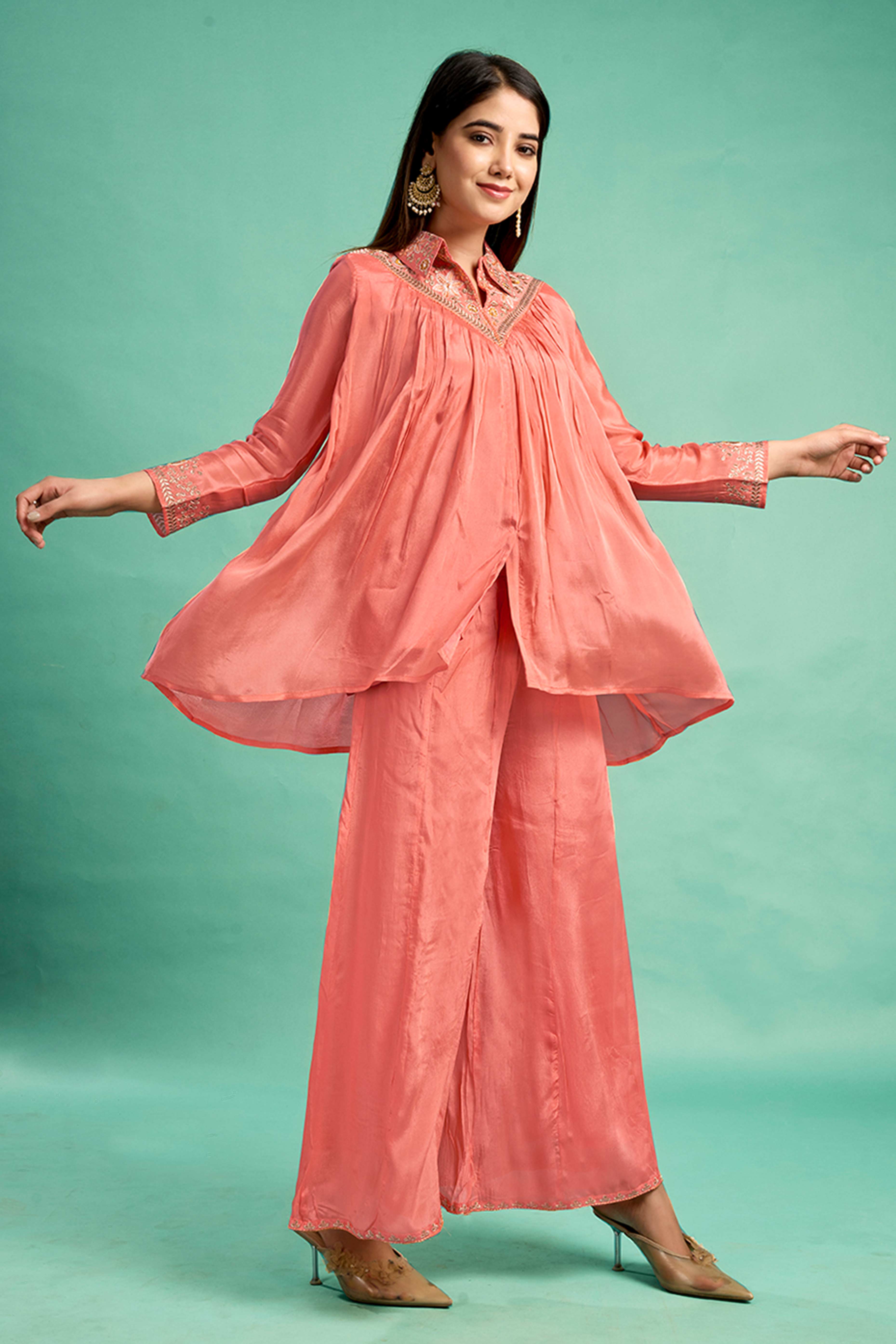 Peach Embroidered Chinon A-Line Co-Ord Set