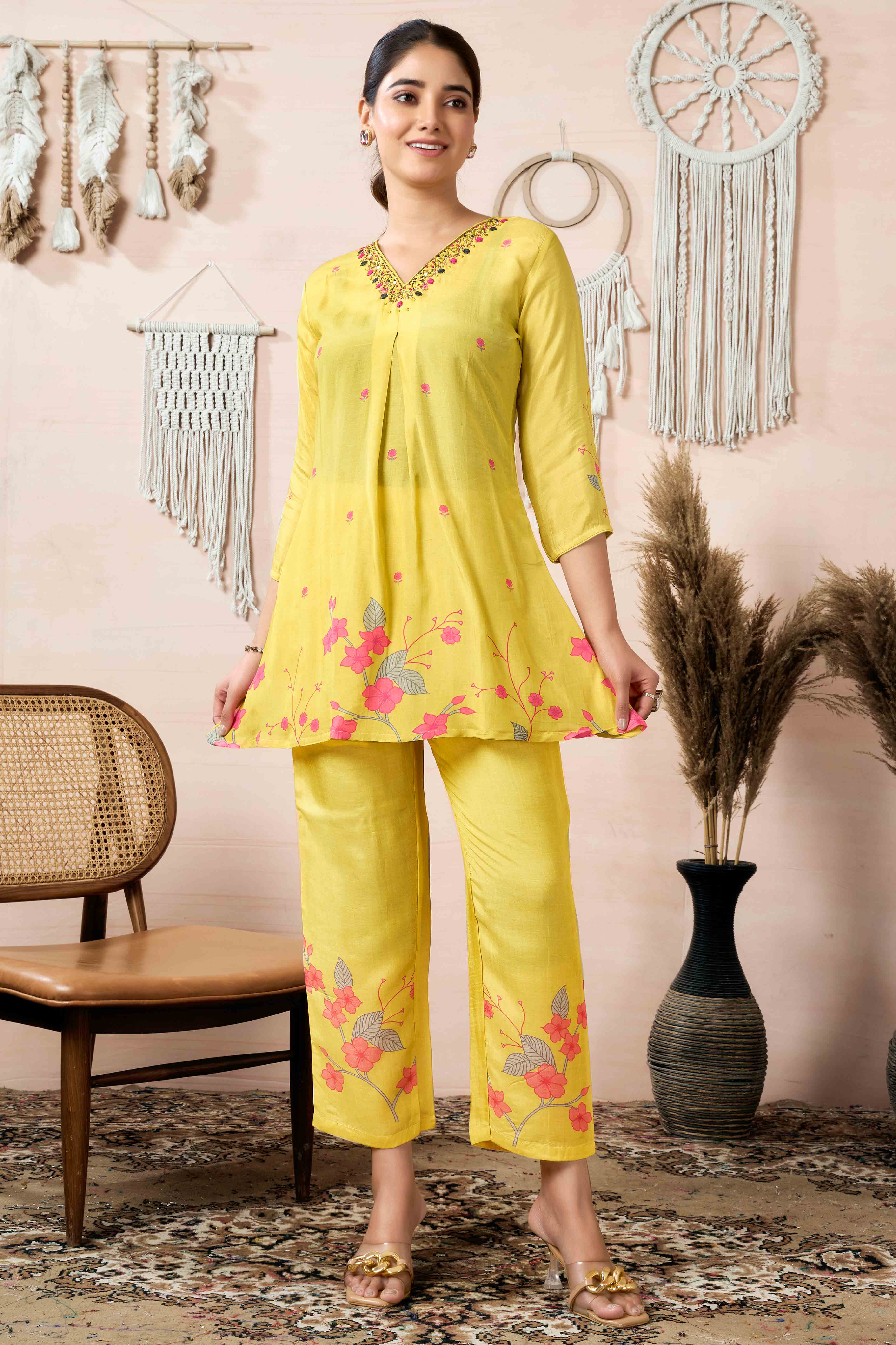 Yellow Floral Digital Print With Handwork Muslin Co-Ord Set