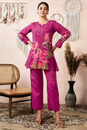 Mulberry Wine Beads Work Digital Printed Muslin Co-Ord Set