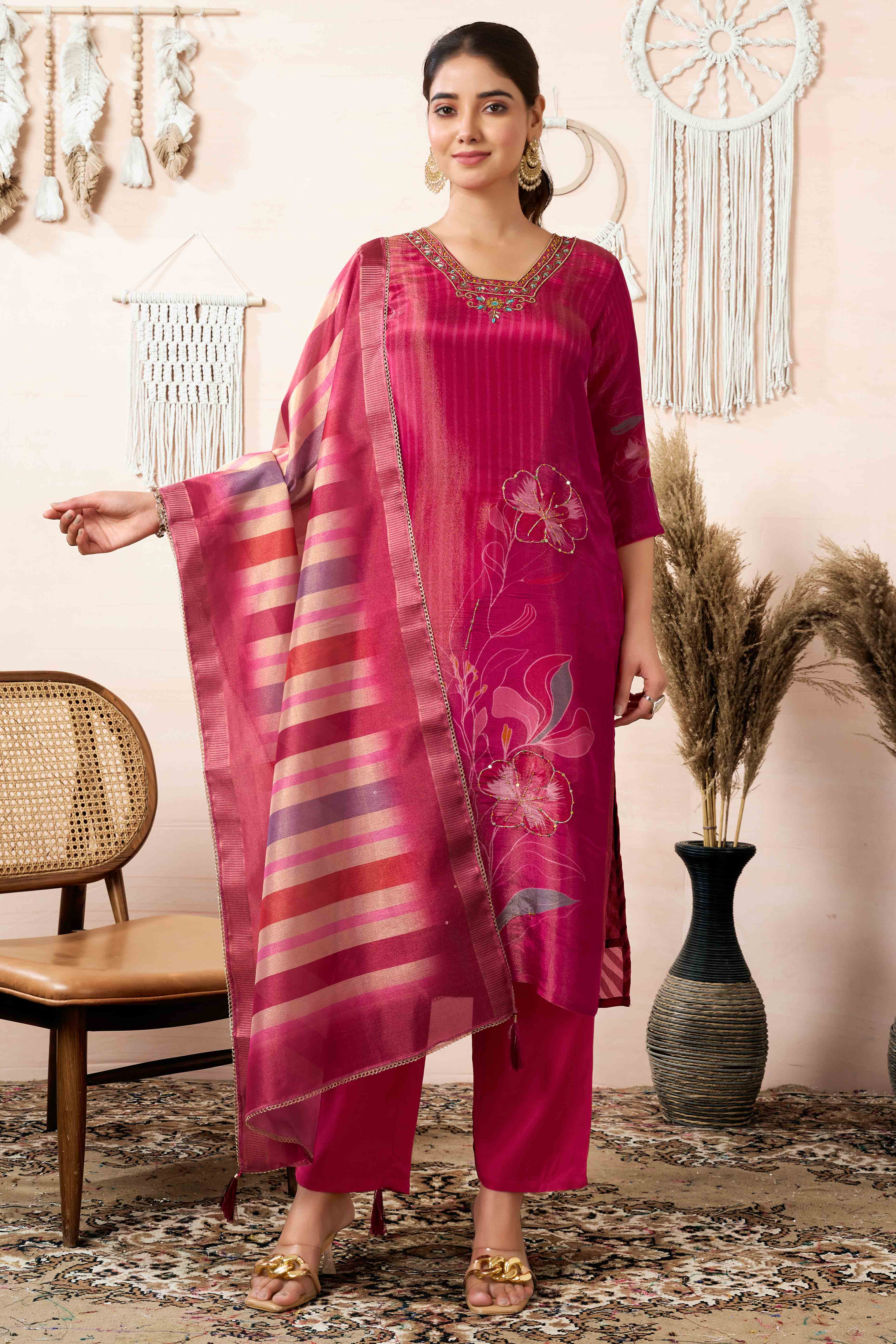 Pink Beads Work Cotton Silk Straight Salwar Suit