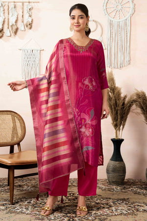 Pink Beads Work Cotton Silk Straight Salwar Suit