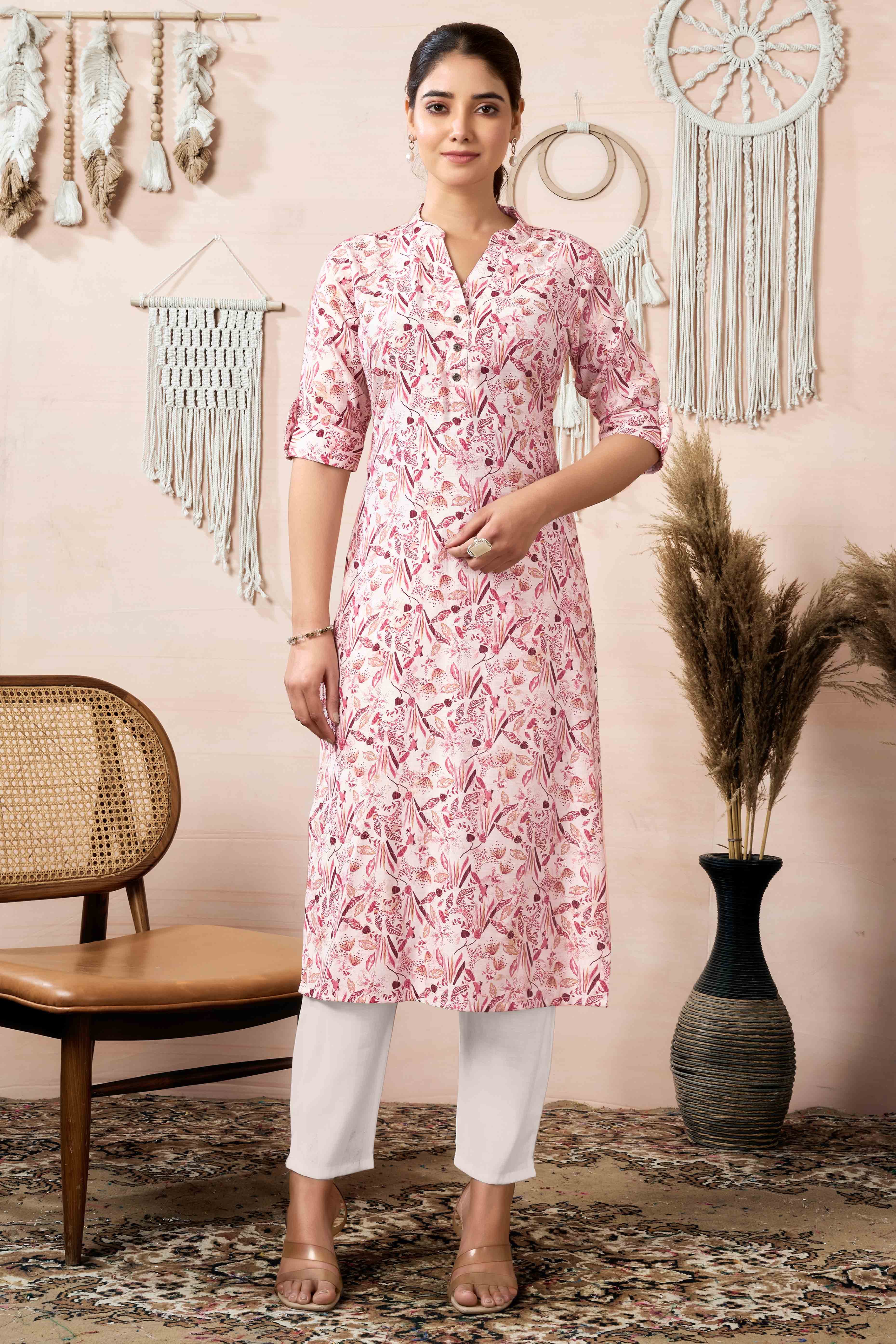 Off White & Wine Floral Printed Pure Cotton Slub Straight Kurti