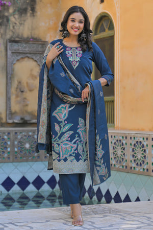 Traditional Morpich Blue Hand Embroidered Chanderi Silk Suit