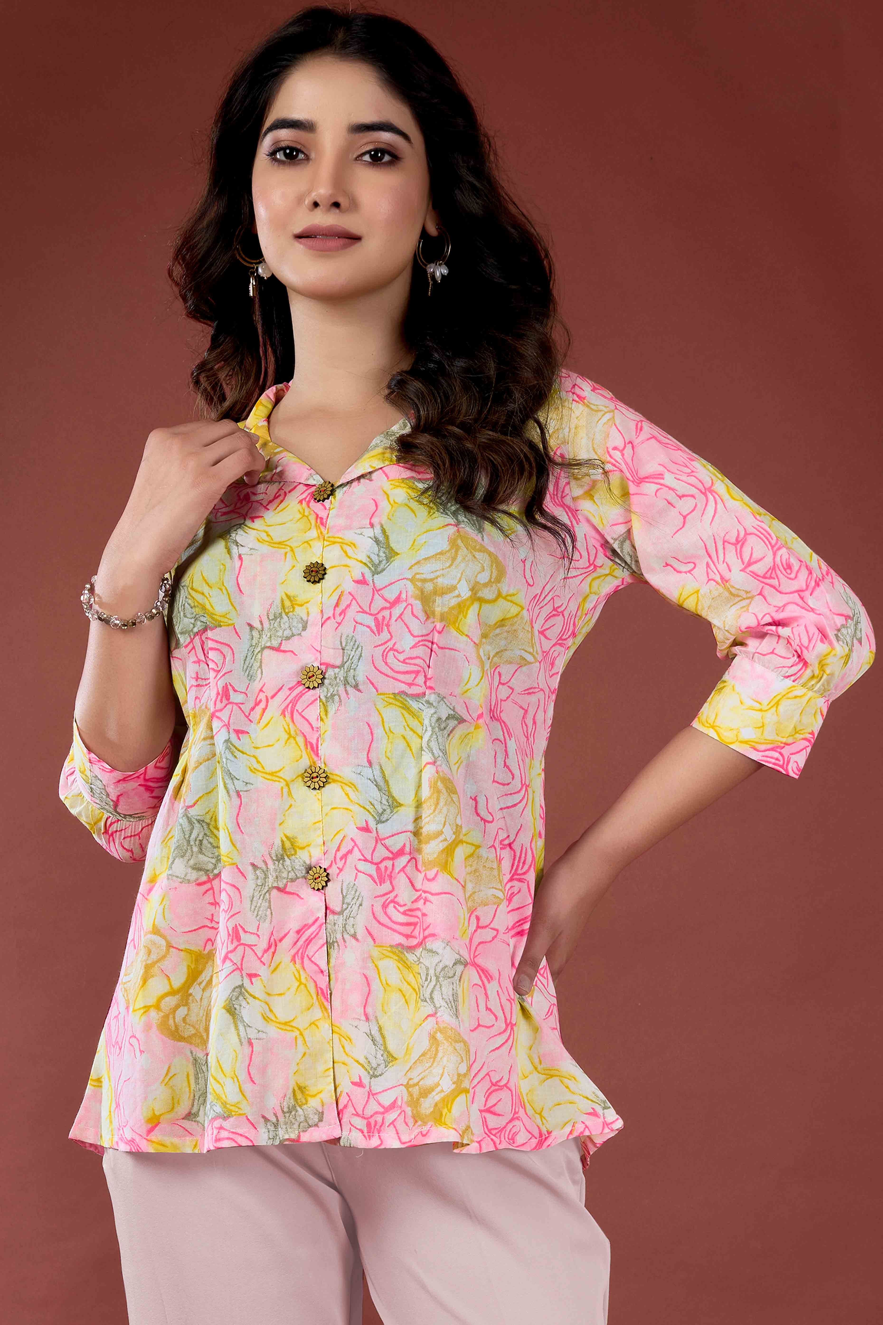 Yellow & Pink Floral Printed Pure Cotton A-Line Top