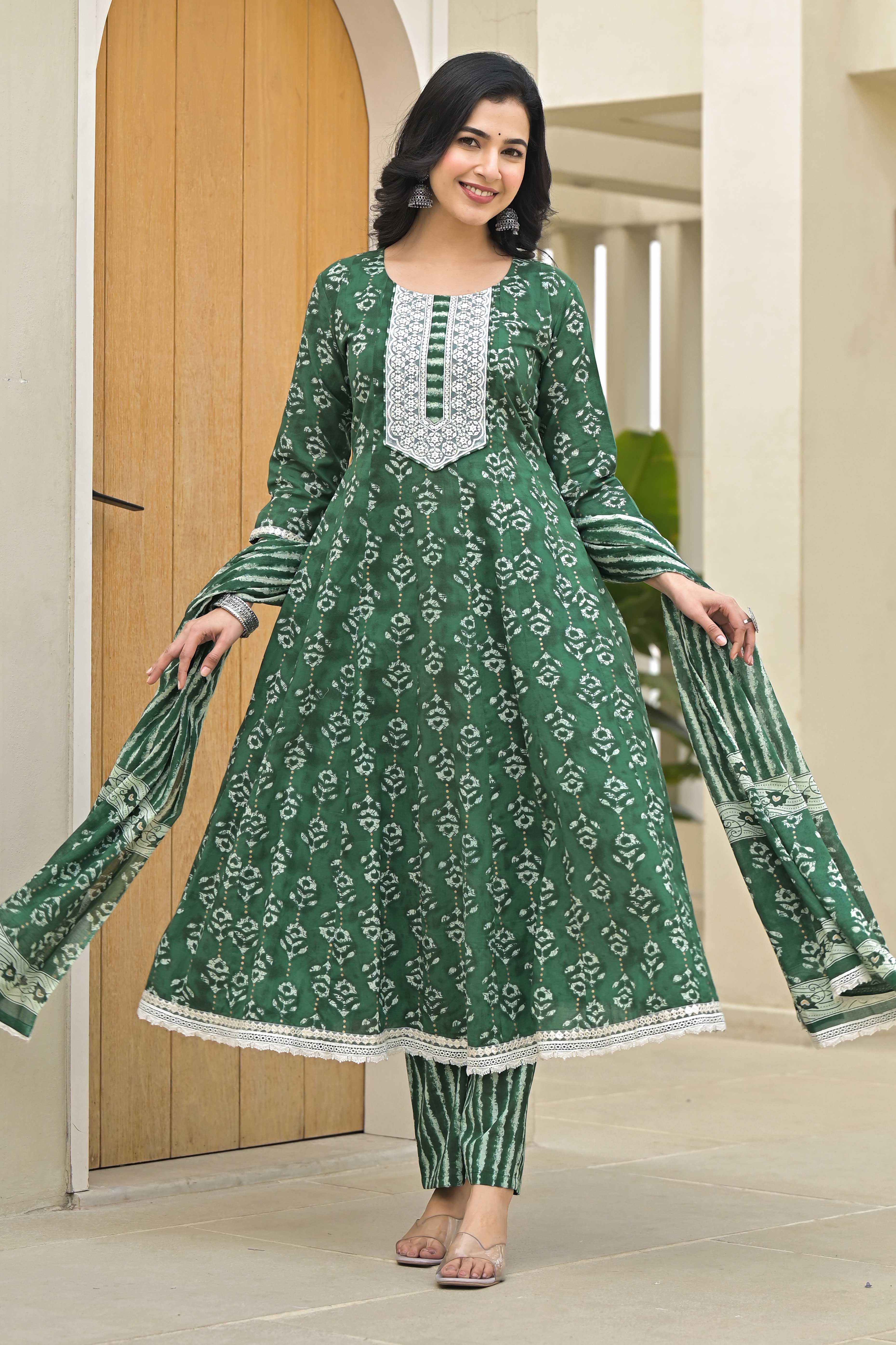 Green Floral Printed Pure Cotton Anarkali Salwar Suit - Image 1
