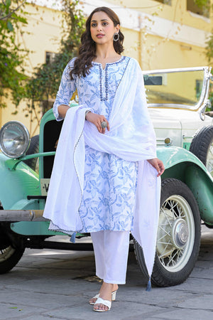 White & Blue Floral Printed Pure Cotton Straight Salwar Suit