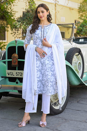 White & Grey Floral Printed Pure Cotton Straight Salwar Suit