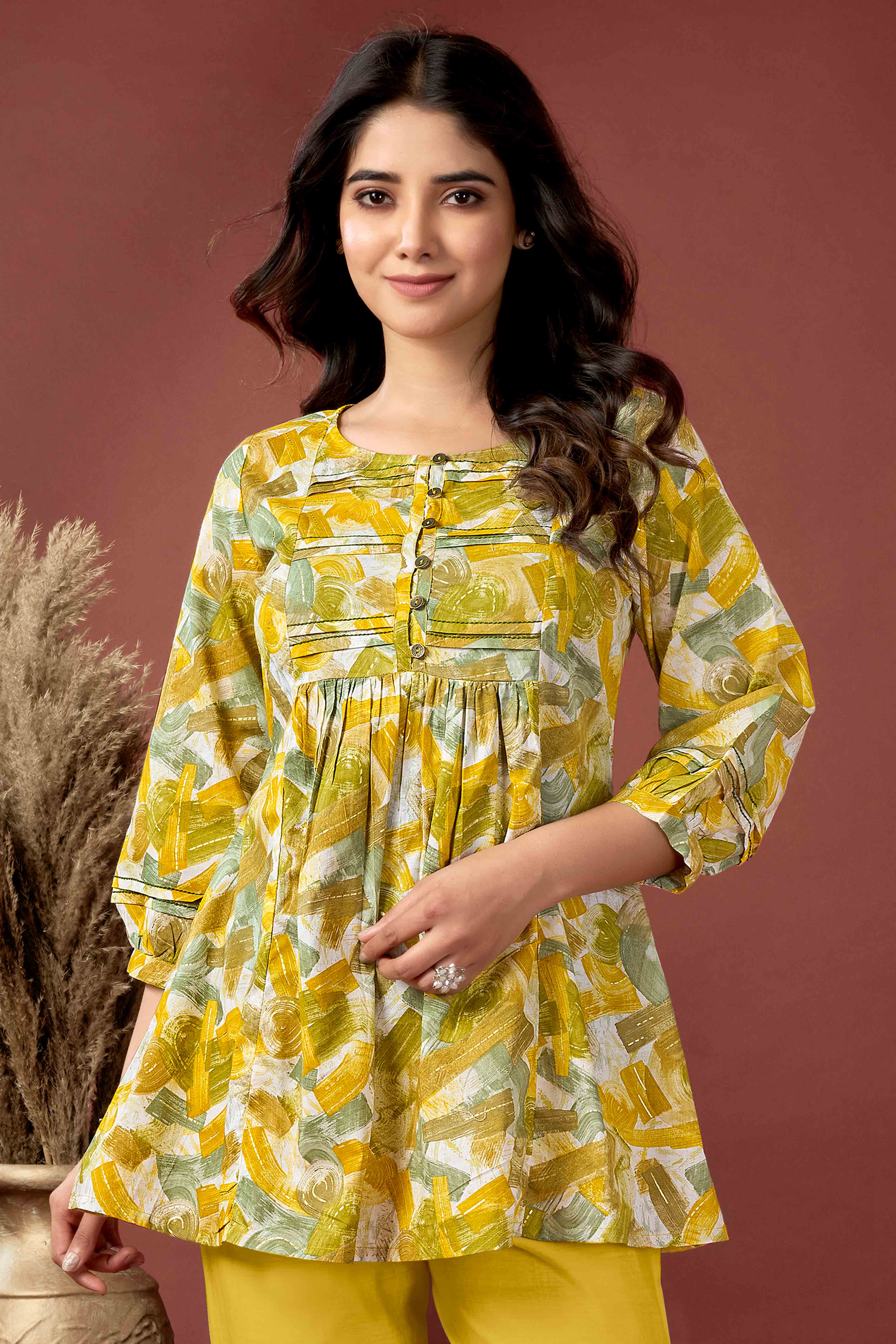 Mustard Abstract Printed Pure Cotton A-Line Top