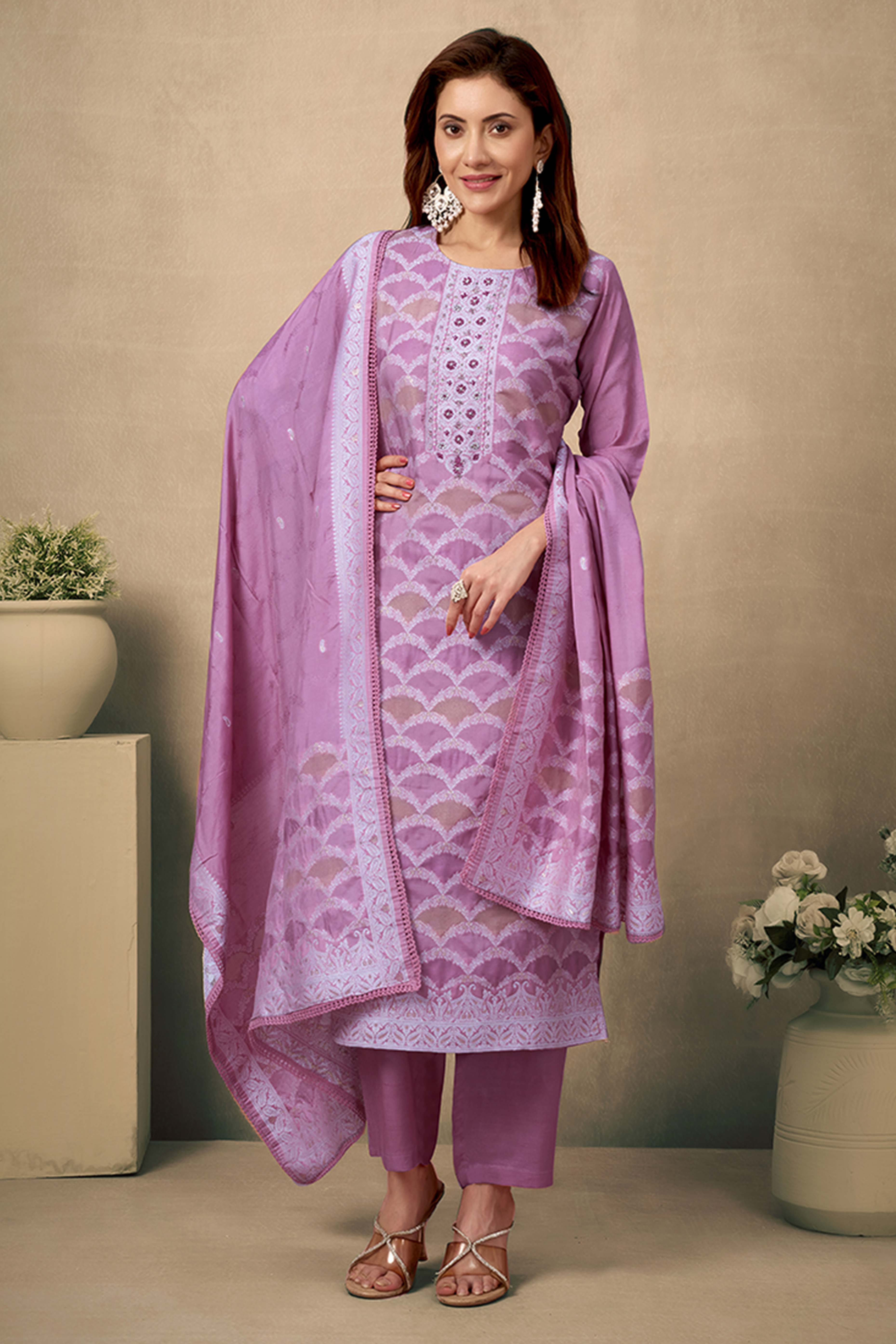 Light Purple Silk Jacquard Straight Salwar Suit with Embroidery Work