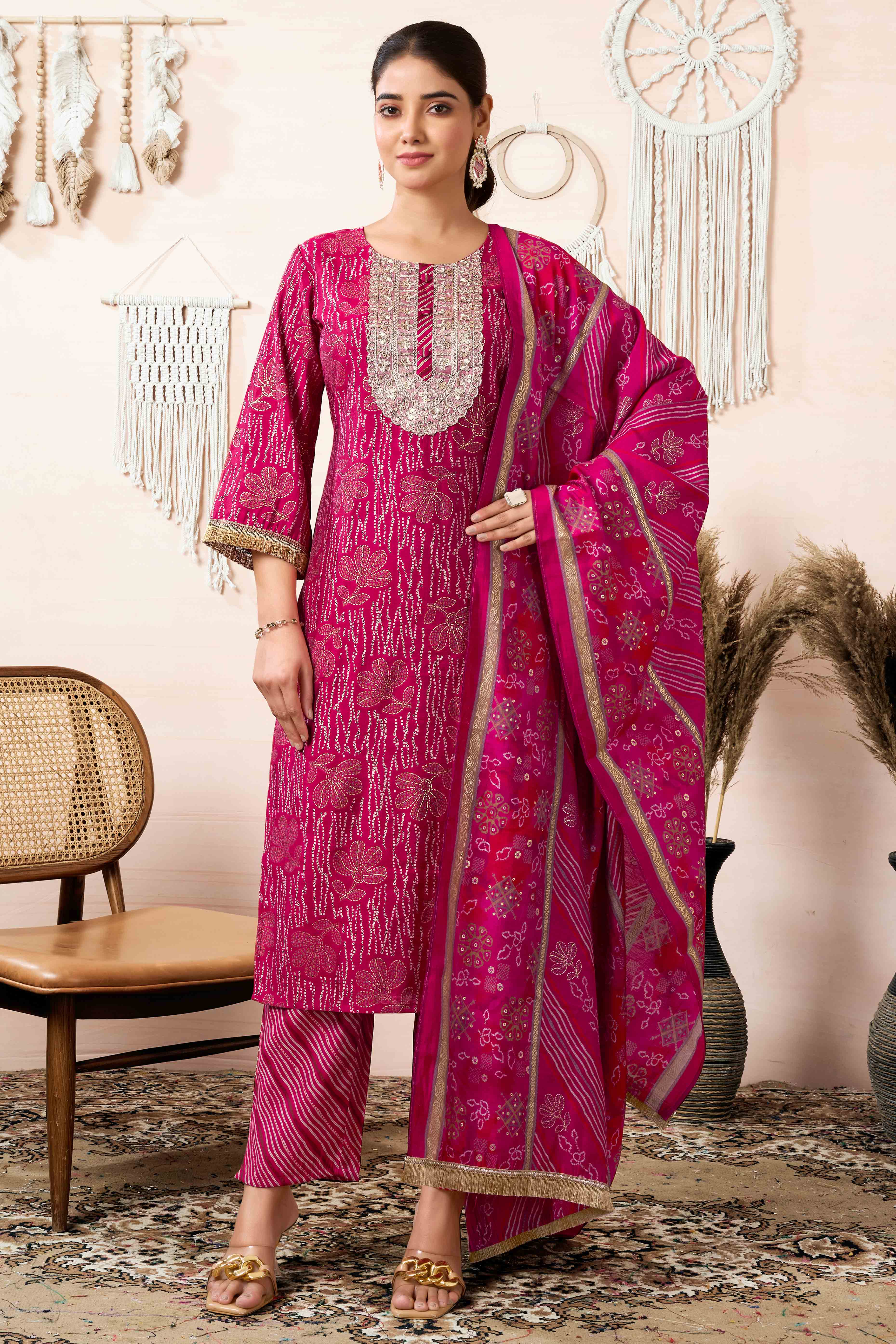 Pink Floral Foil Printed Chanderi Silk Straight Salwar Suit